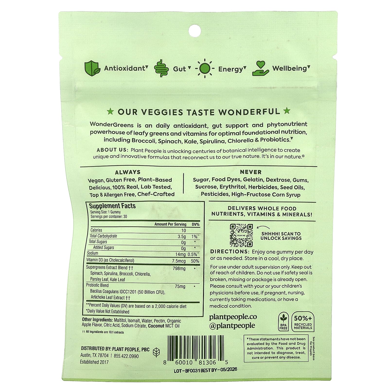 Plant People, Kids, WonderGreens® Super Veggie Gummies, Green Apple , 30 Gummies