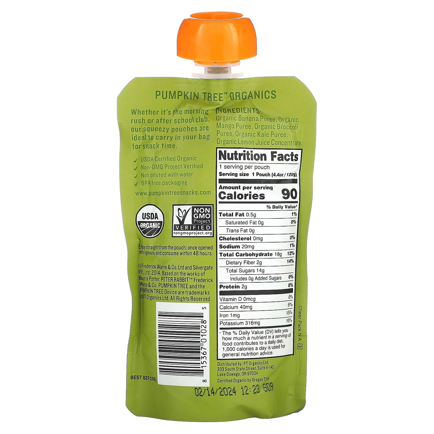 Pumpkin Tree Organics, Peter Rabbit Organics, Organic Fruit & Vegetable Puree, Banana, Mango, Broccoli & Kale, 4.4 oz (125 g) - Image 2
