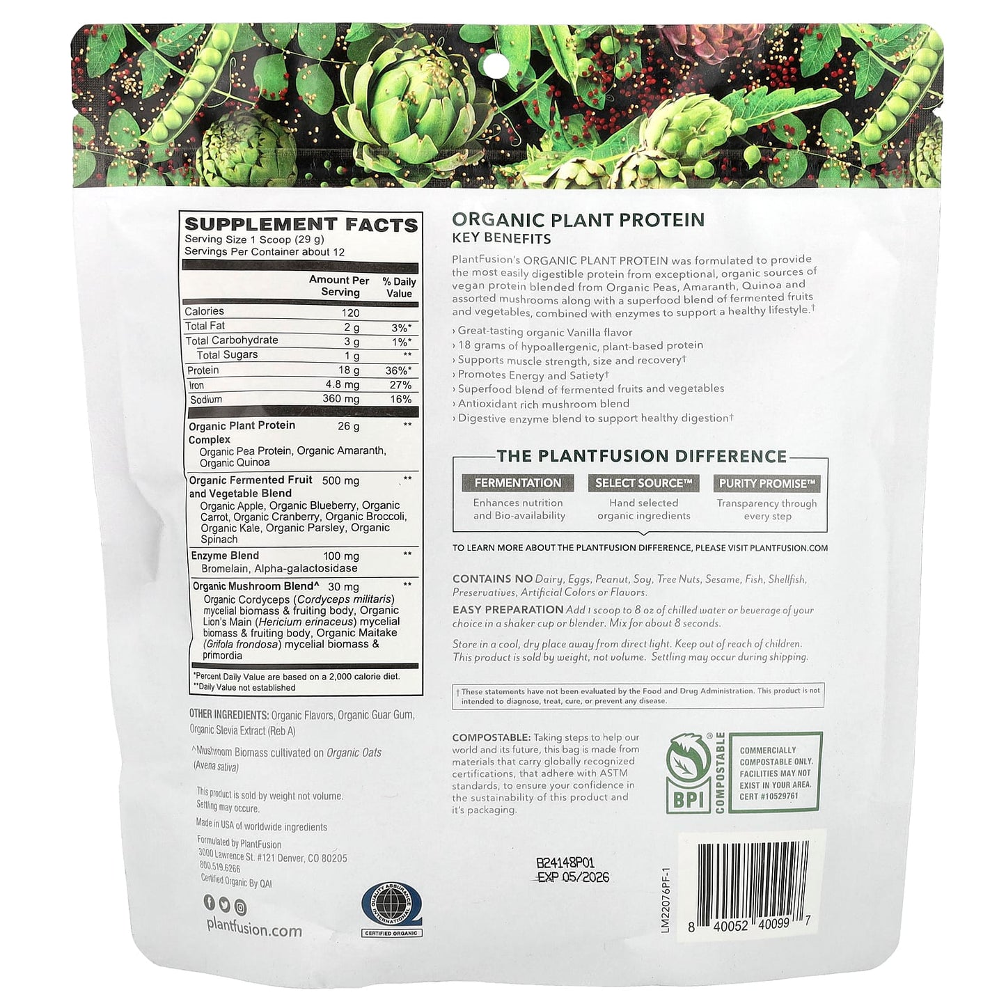 PlantFusion, Organic Plant Protein, Creamy Vanilla Bean , 12.2 oz (348 g) - Image 2