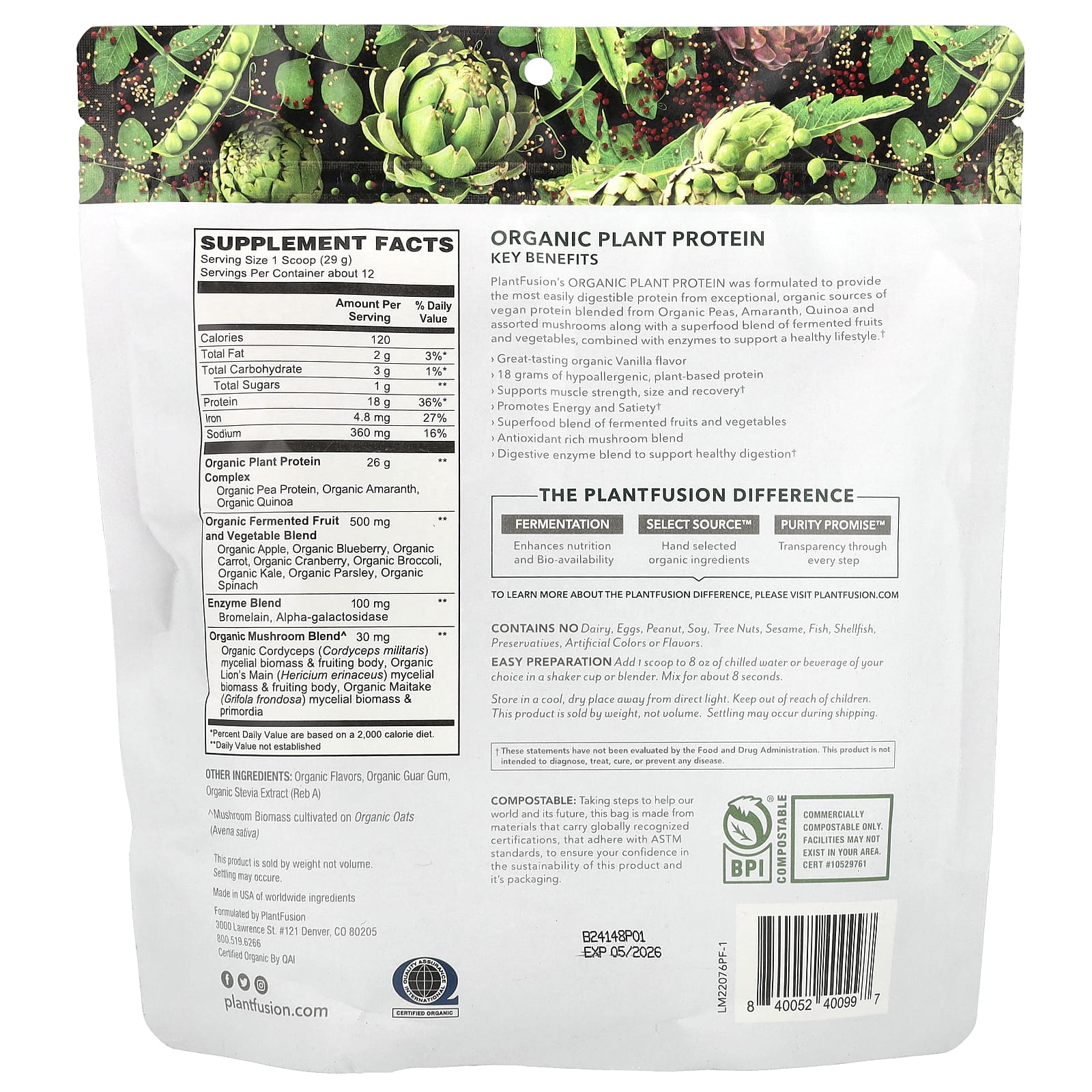 PlantFusion, Organic Plant Protein, Creamy Vanilla Bean , 12.2 oz (348 g) - Image 2