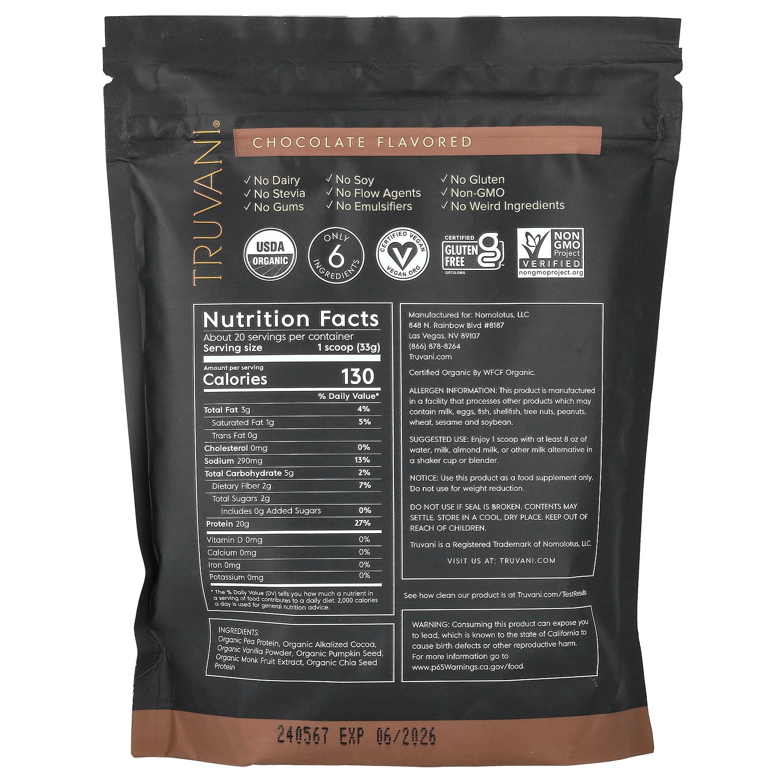Truvani, Plant Based Protein, Chocolate, 1.48 lbs (670 g) - Image 2