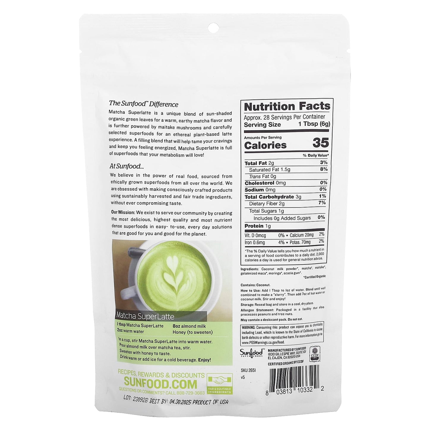 Sunfood, Organc Matcha Superlatte, 6 oz (170 g) - Image 2