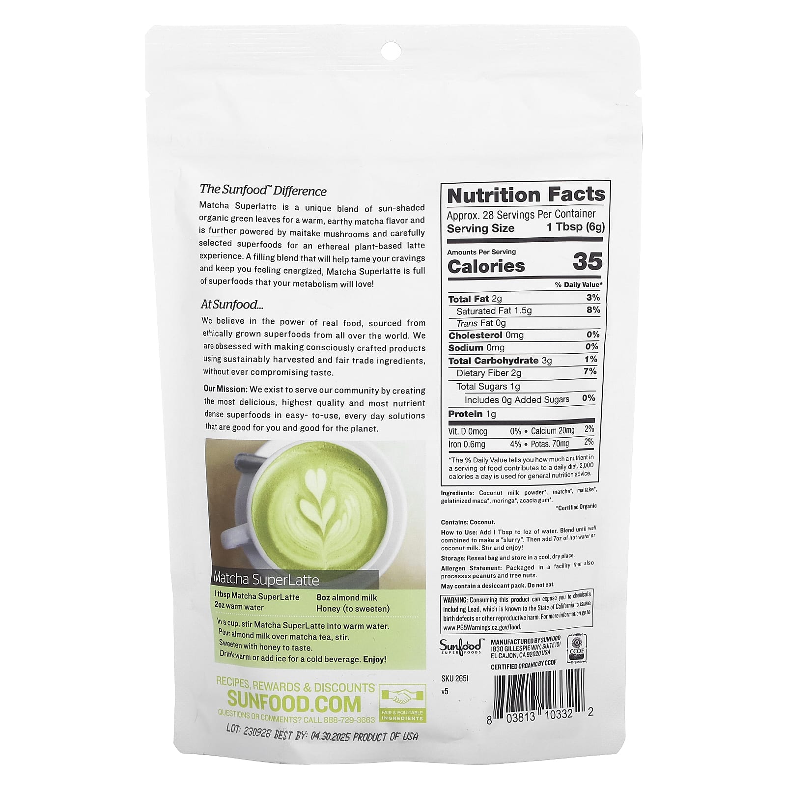 Sunfood, Organc Matcha Superlatte, 6 oz (170 g) - Image 2
