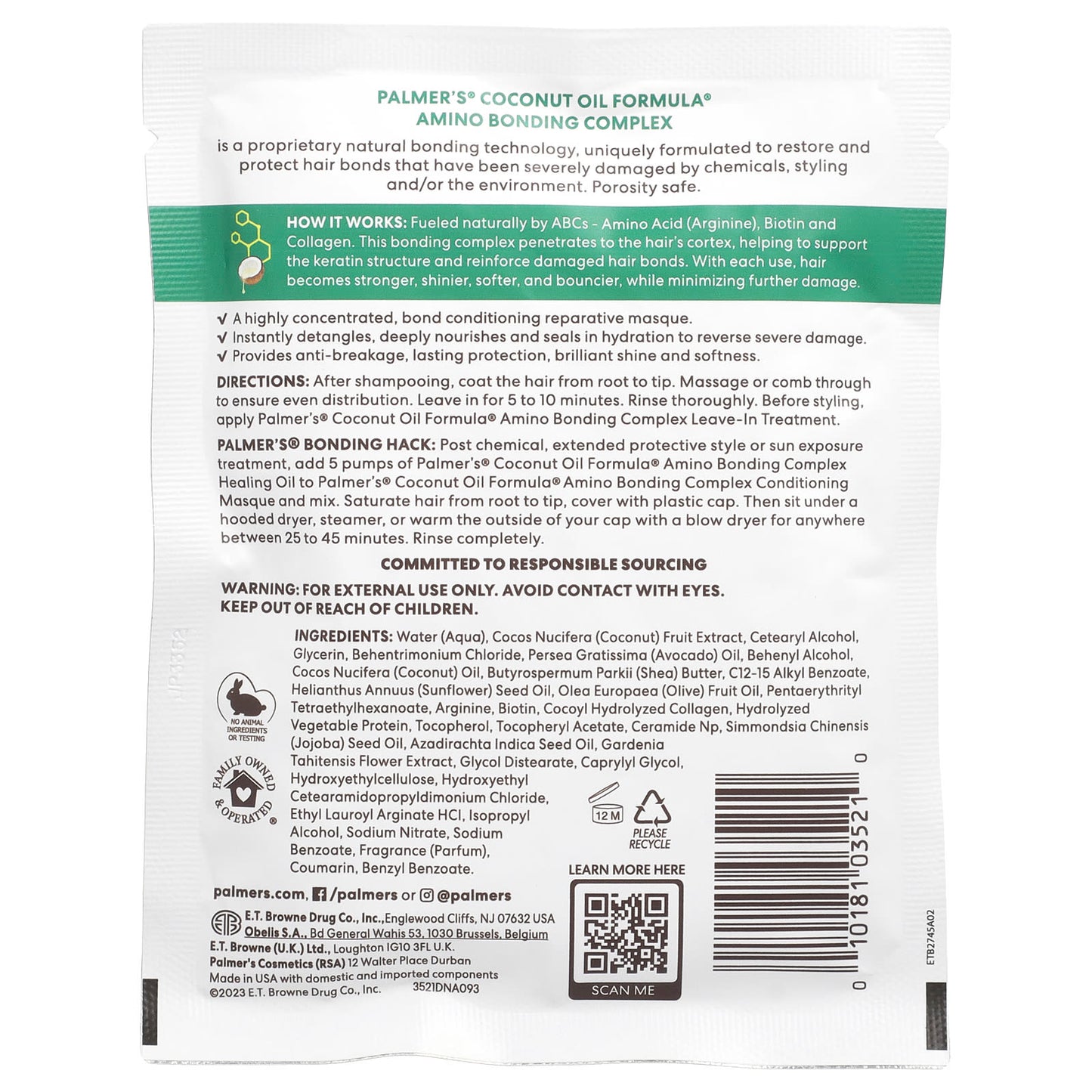 Palmer's, Coconut Oil Formula® with Vitamin E, Amino Bonding Complex, Bonding Conditioning Masque Pack, 2.1 oz (60 g) - Image 2