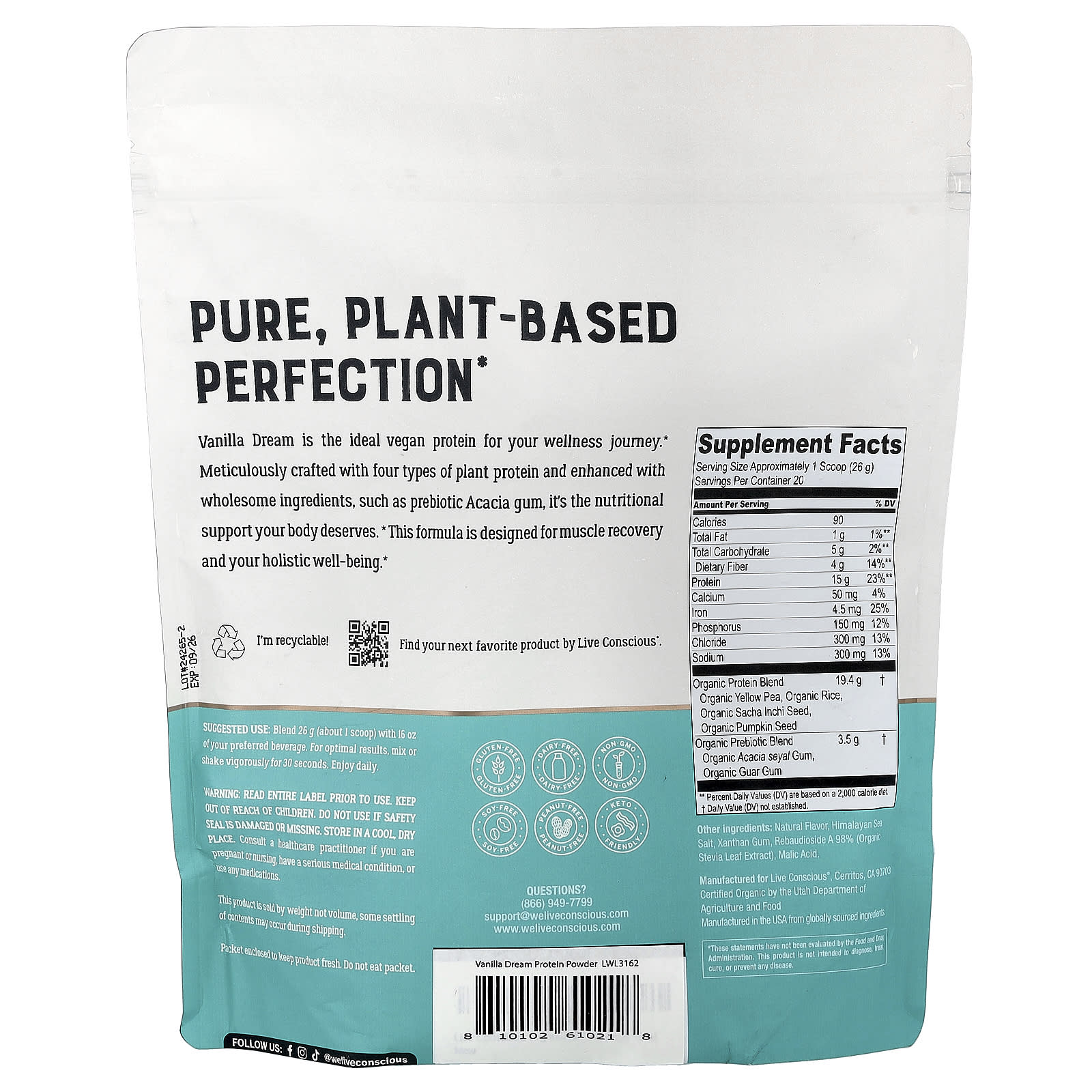 Live Conscious, Vegan Protein, Vanilla Dream, 1.15 lb (520 g) - Image 2