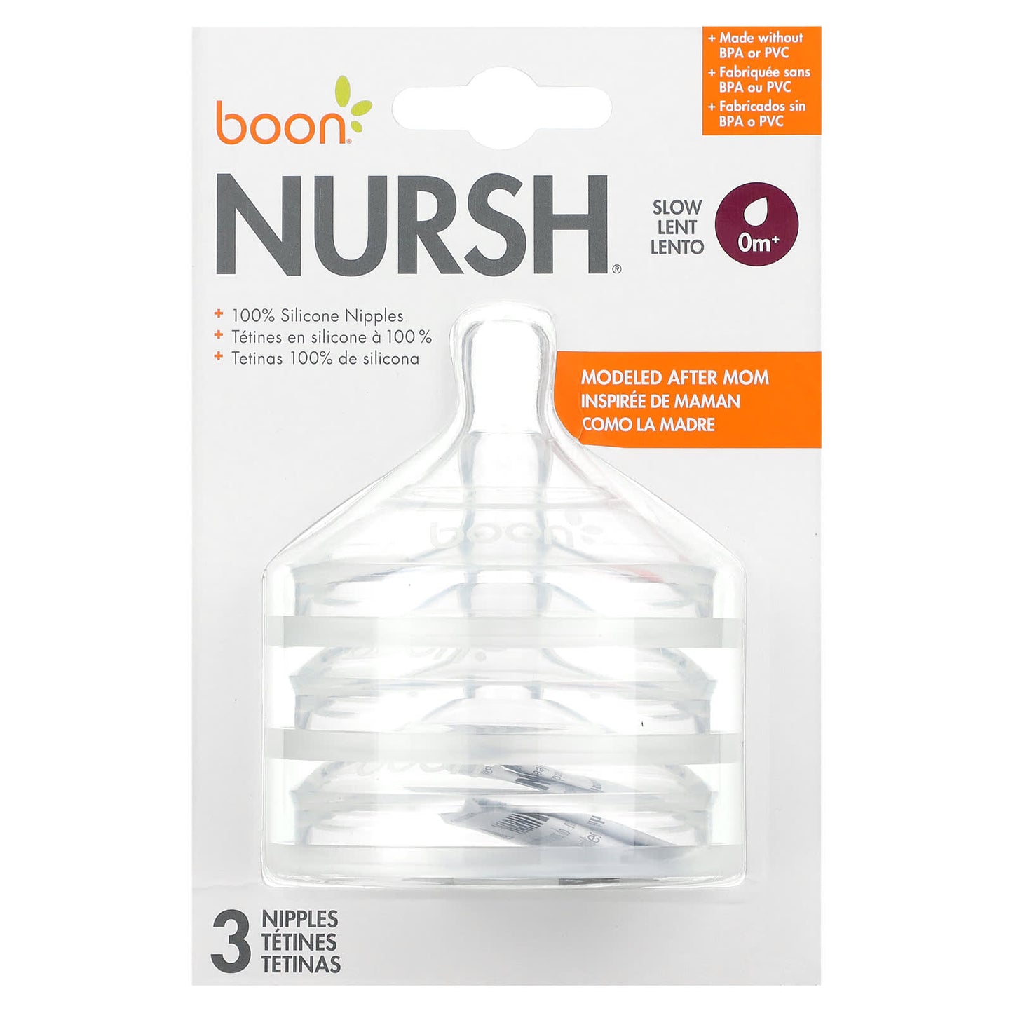 Boon Nursh 100% Silicone Nipples for 0+ Months, Slow Flow, 3 Pack - Image 1