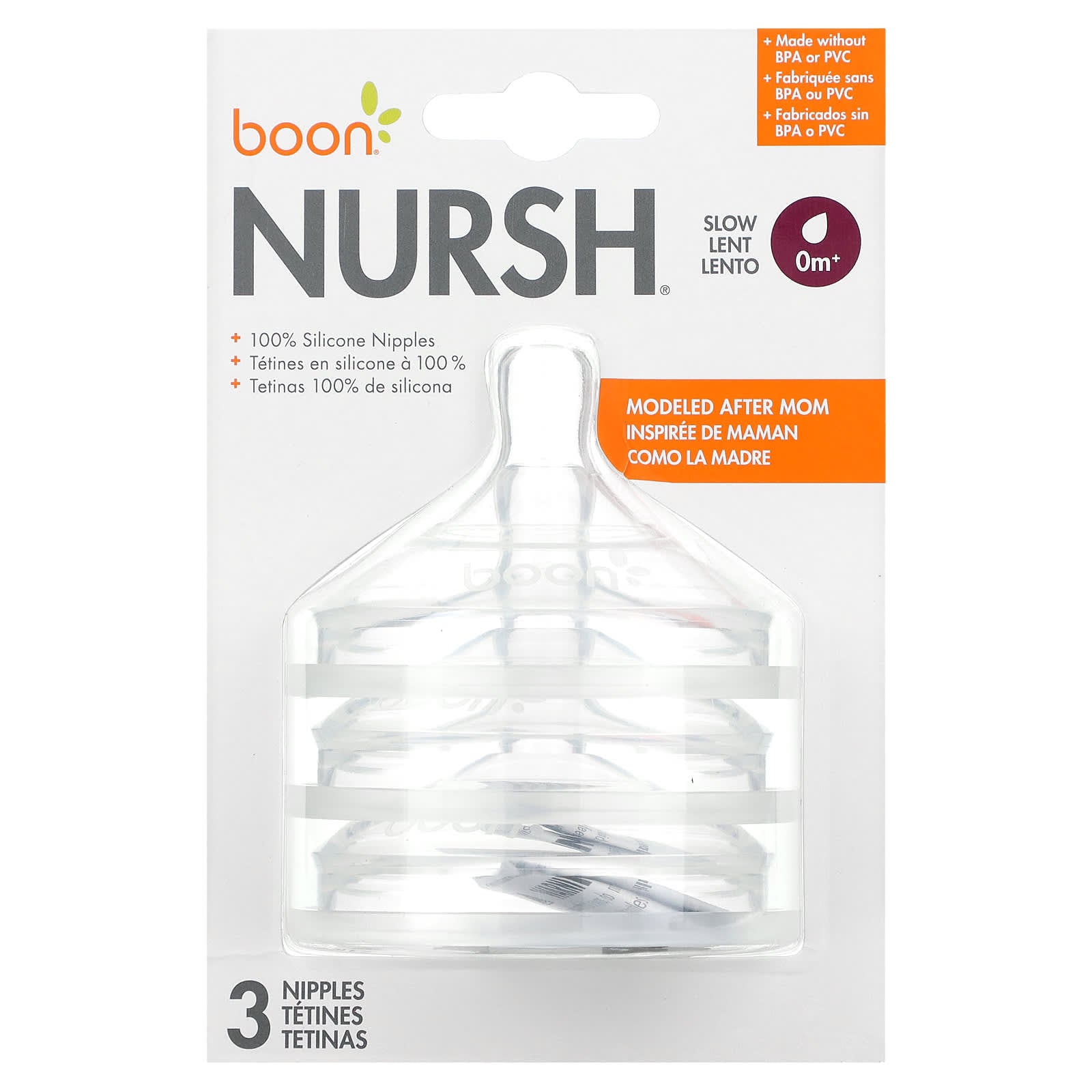 Boon Nursh 100% Silicone Nipples for 0+ Months, Slow Flow, 3 Pack - Image 1