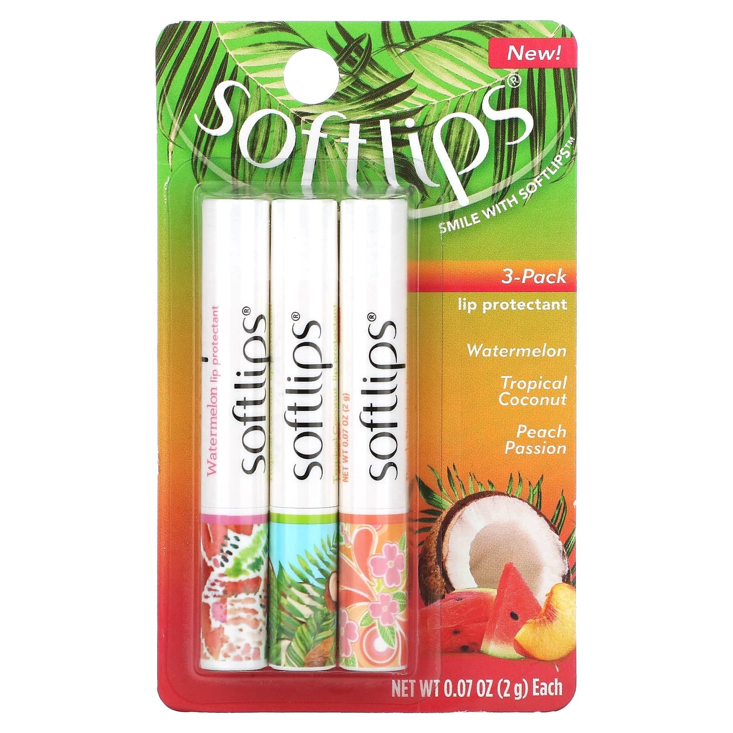 Softlips, Lip Protectant, Watermelon, Tropical Coconut, Peach Passion, 3 Pack, 0.07 oz (2 g) Each - Image 2