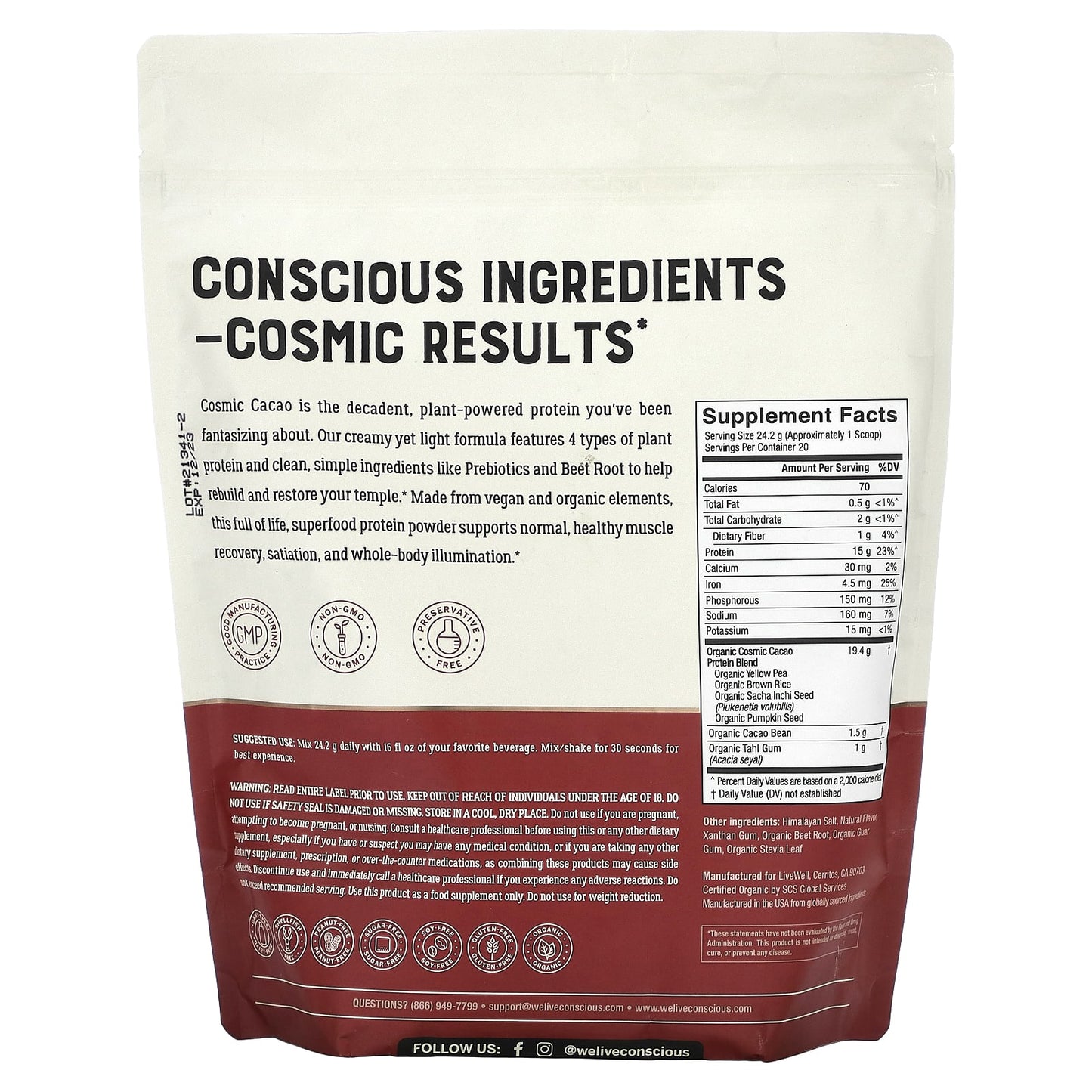 Live Conscious, Organic Protein, Cosmic Cacao, 1.07 lb (484 g) - Image 2