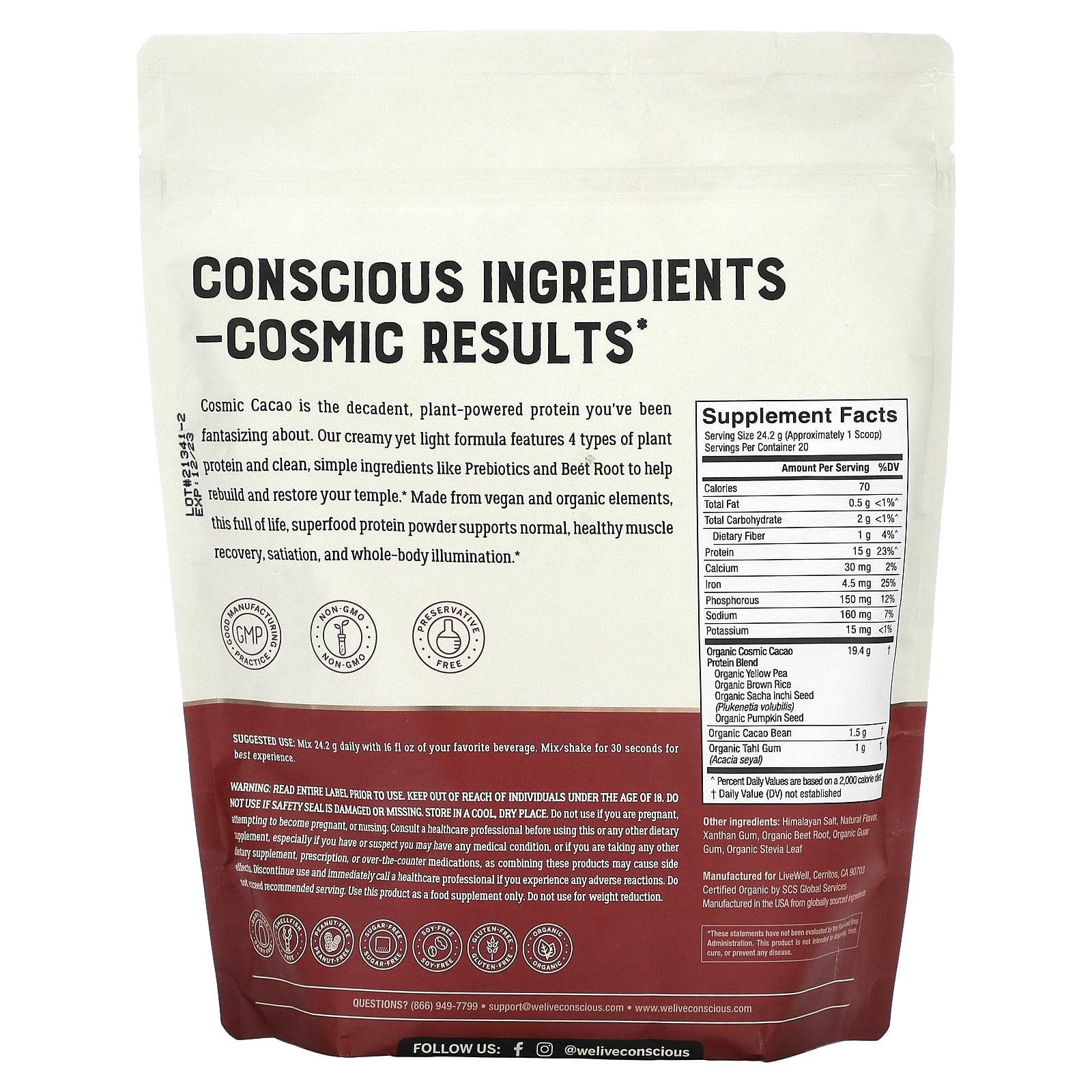 Live Conscious, Organic Protein, Cosmic Cacao, 1.07 lb (484 g) - Image 2
