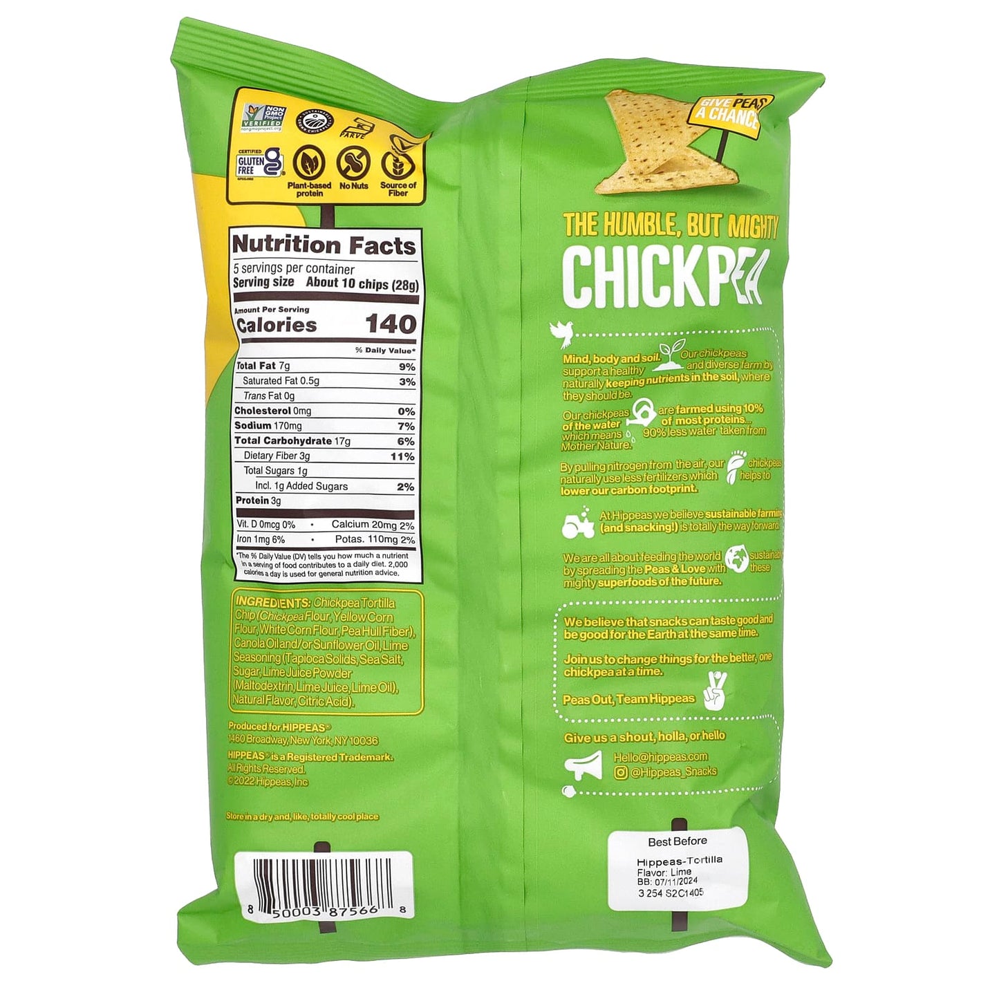 Sustainable Chickpea Tortilla Chips by Hippeas, Sea Salt & Lime, 5 oz (142 g) - Image 2
