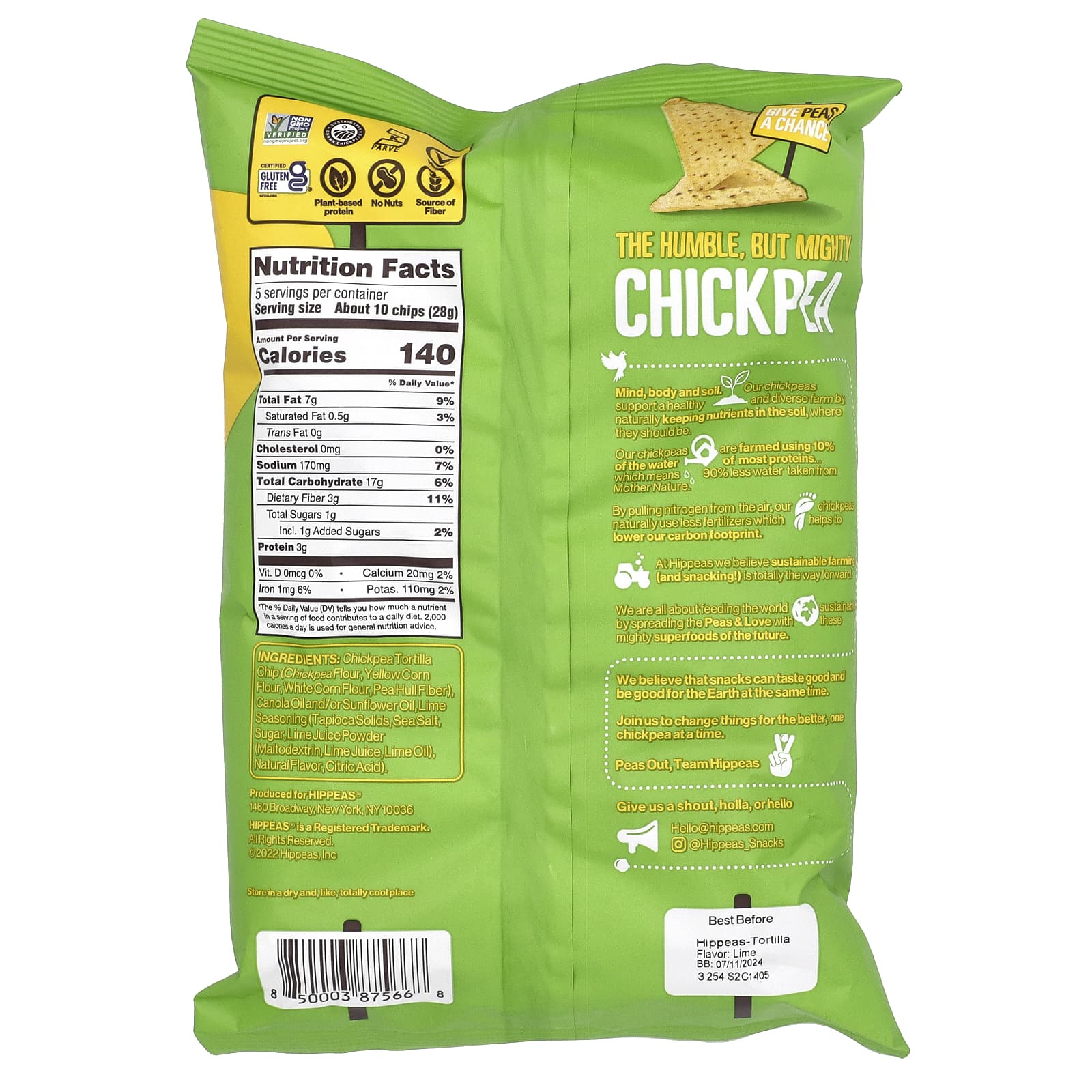 Sustainable Chickpea Tortilla Chips by Hippeas, Sea Salt & Lime, 5 oz (142 g) - Image 2