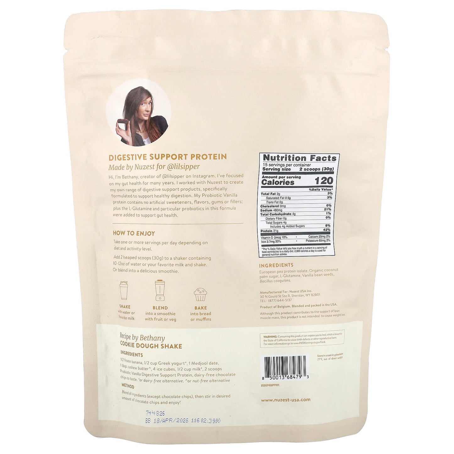 Nuzest, Digestive Support Protein™, Plant Protein Drink Mix, Probiotic Vanilla , 15.87 oz (450 g) - Image 2
