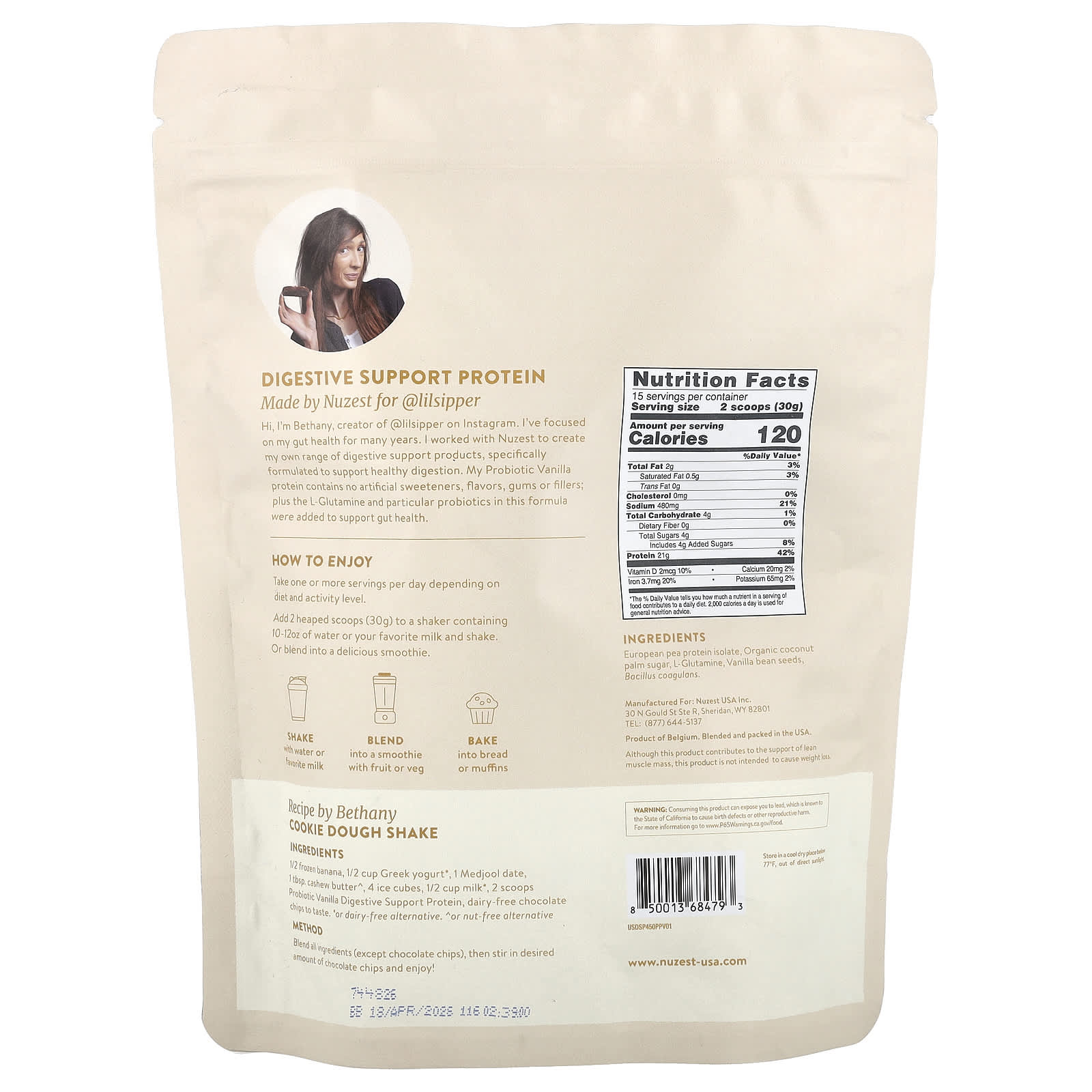 Nuzest, Digestive Support Protein™, Plant Protein Drink Mix, Probiotic Vanilla , 15.87 oz (450 g) - Image 2