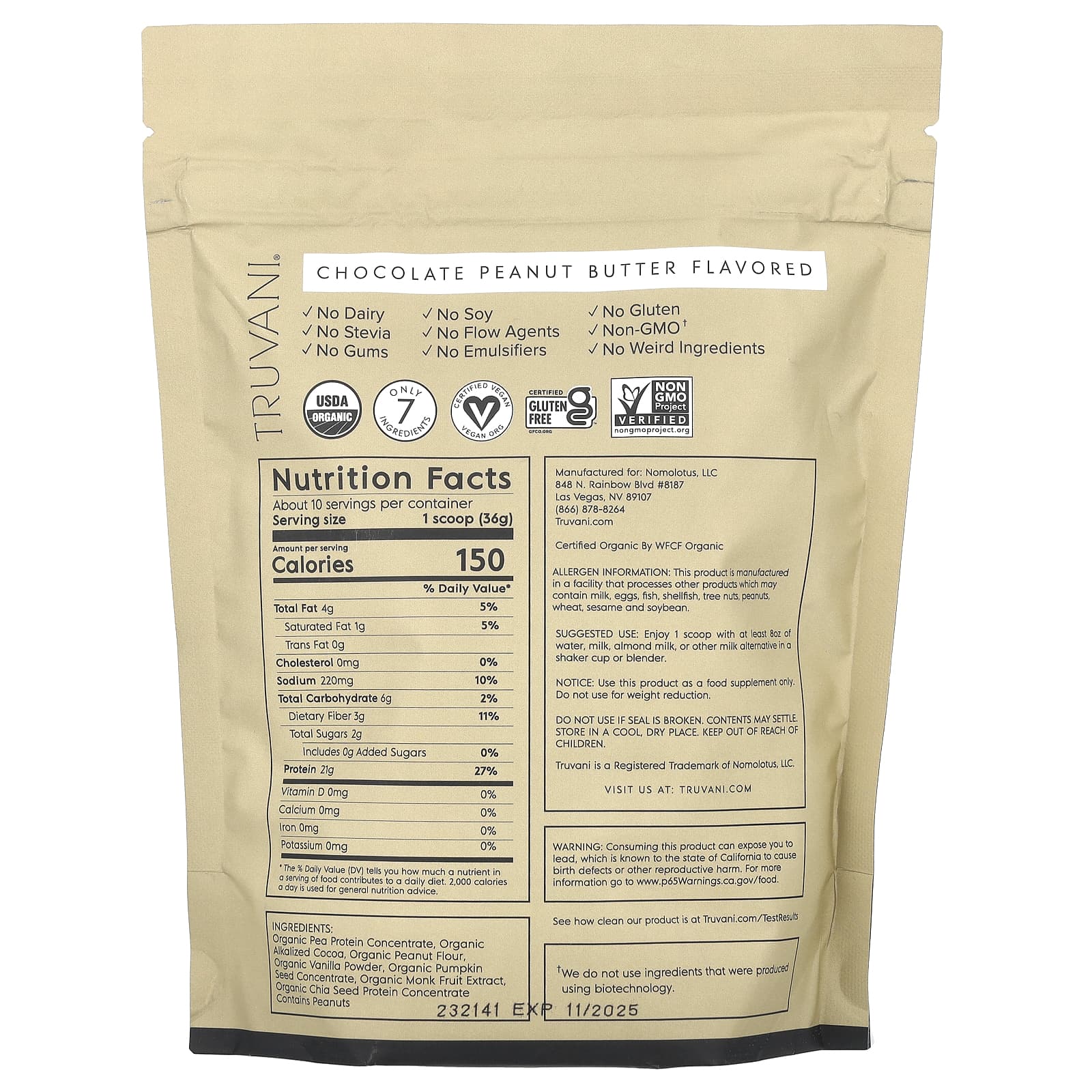 Truvani, Certified Organic Plant Based Protein, Chocolate Peanut Butter, 0.8 lbs (365 g) - Image 2
