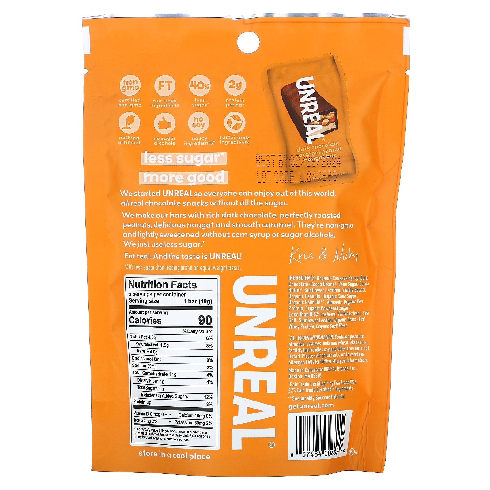 Unreal, Dark Chocolate Caramel Peanut Nougat Bars, 3.4 oz (95 g) - Image 2
