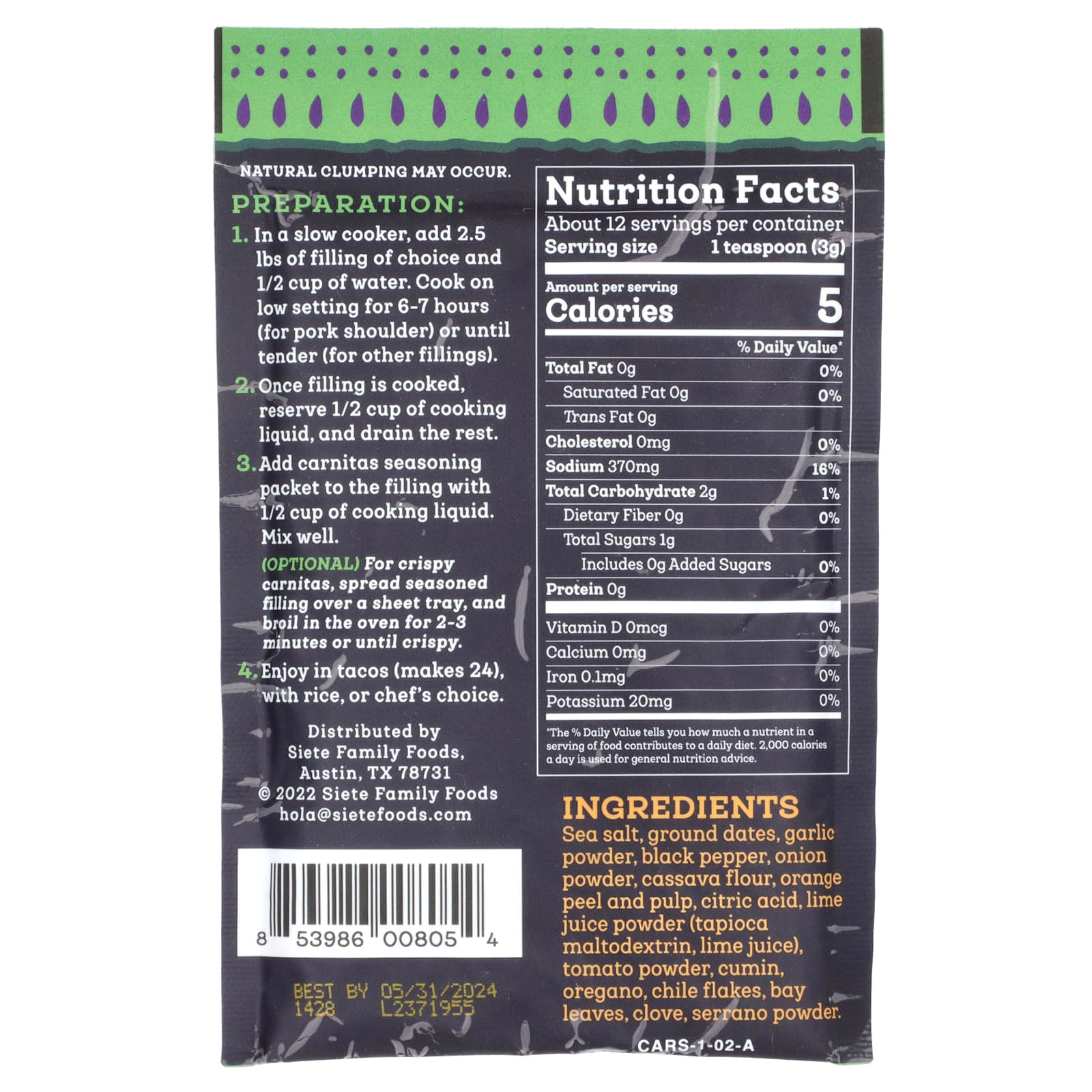 Siete, Carnitas Seasoning, Slow Cooker Spice, 1.29 oz (36.7 g) - Image 2