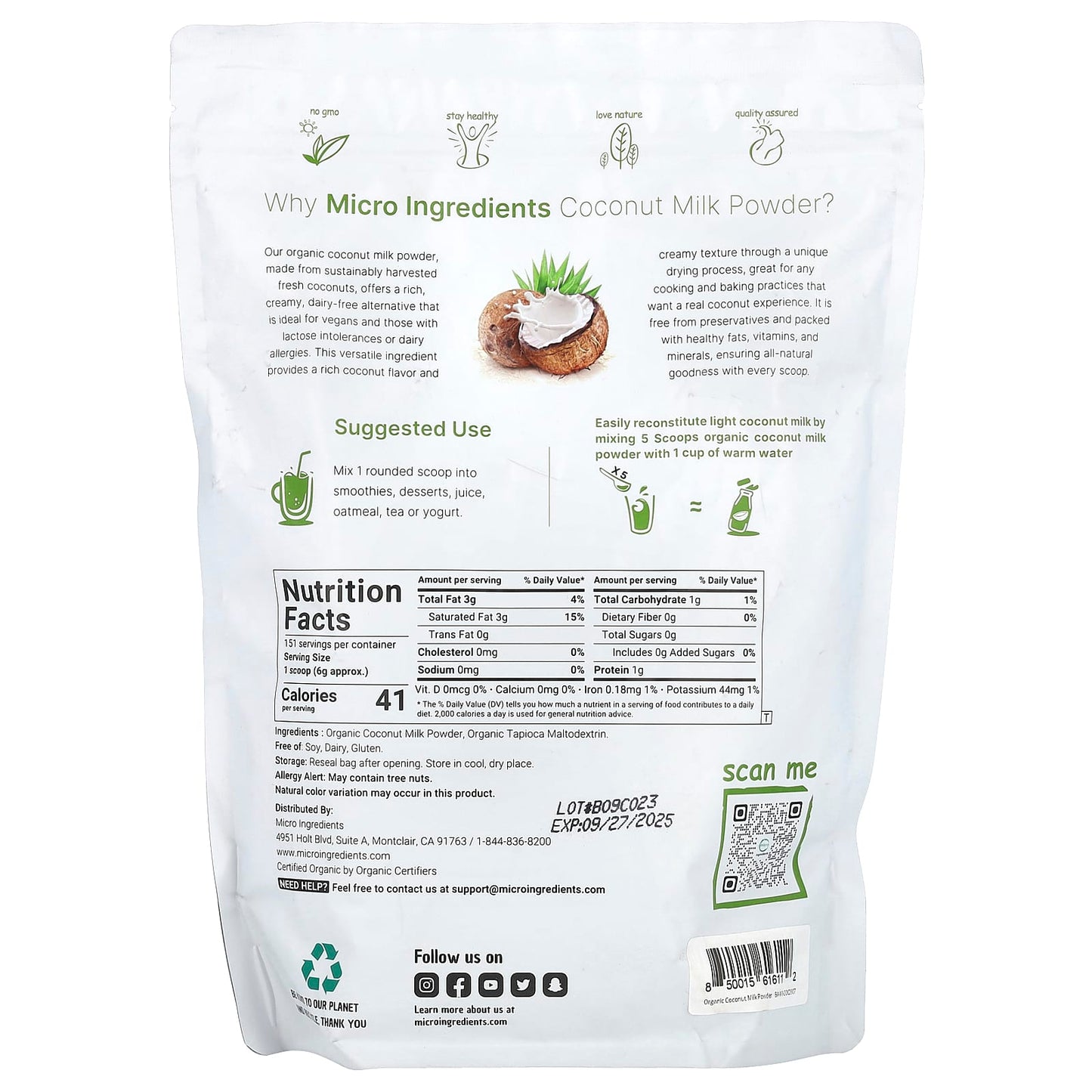 Micro Ingredients, Organic Coconut Milk Powder, 2 lb (907 g) - Image 2