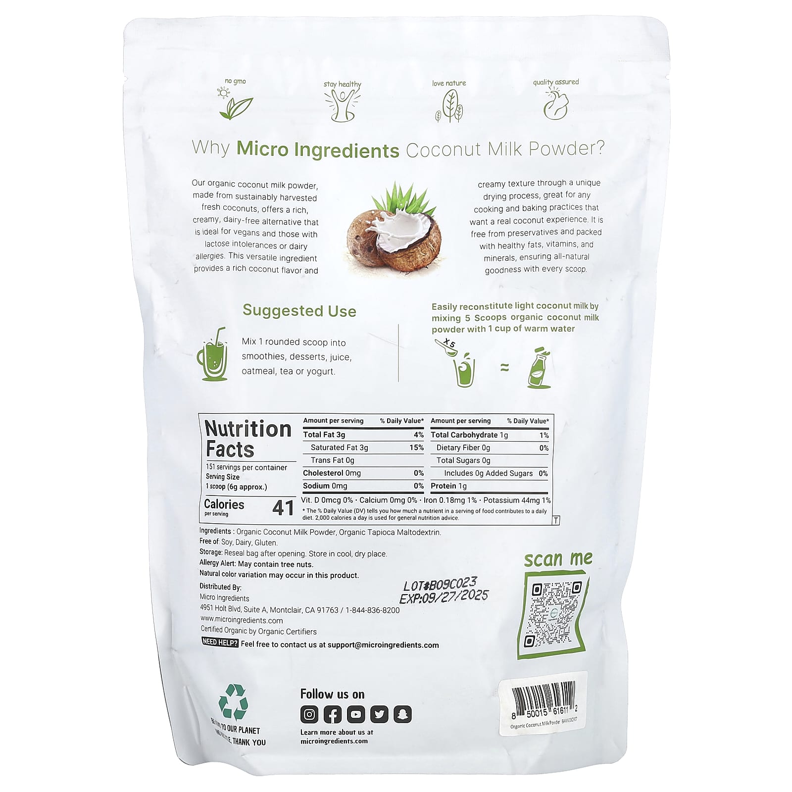Micro Ingredients, Organic Coconut Milk Powder, 2 lb (907 g) - Image 2