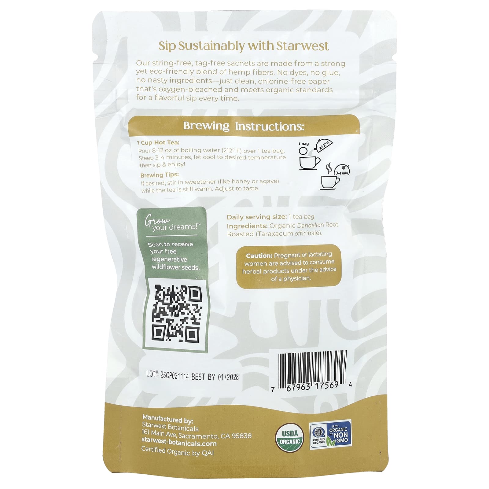 Starwest Botanicals, Organic Dandelion Root Tea,  20 Tea Bags, 1.4 oz (40 g) - Image 2