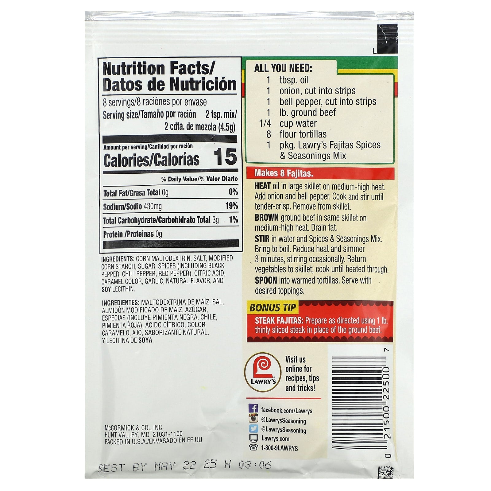 Lawry's, Fajitas, Spices & Seasonings Mix, 1.27 oz (36 g) - Image 2