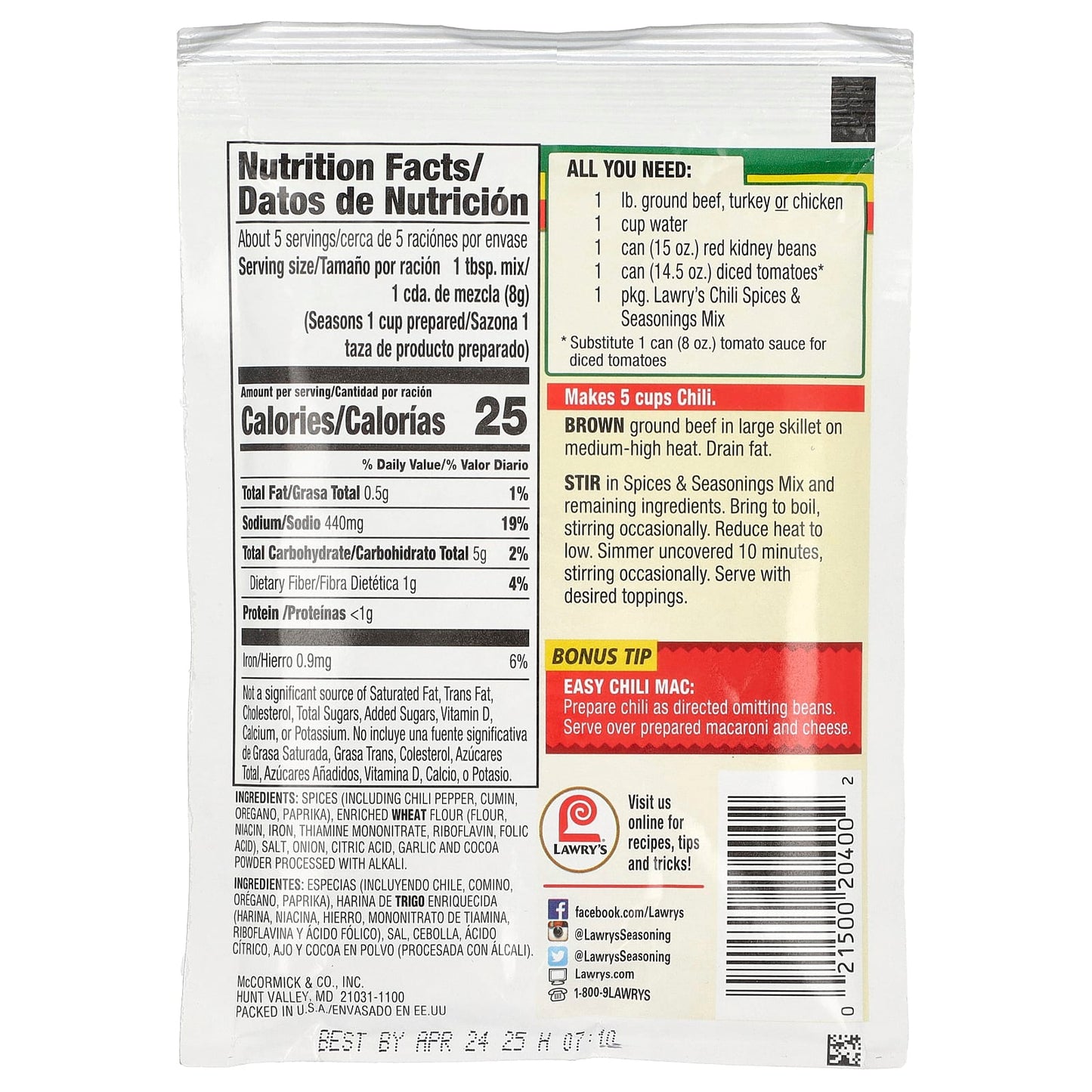 Lawry's, Chili, Spices & Seasonings Mix, 1.48 oz (41 g) - Image 2