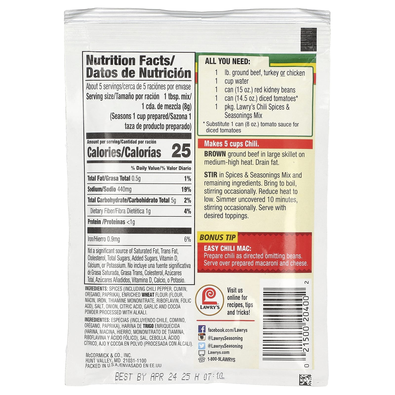 Lawry's, Chili, Spices & Seasonings Mix, 1.48 oz (41 g) - Image 2