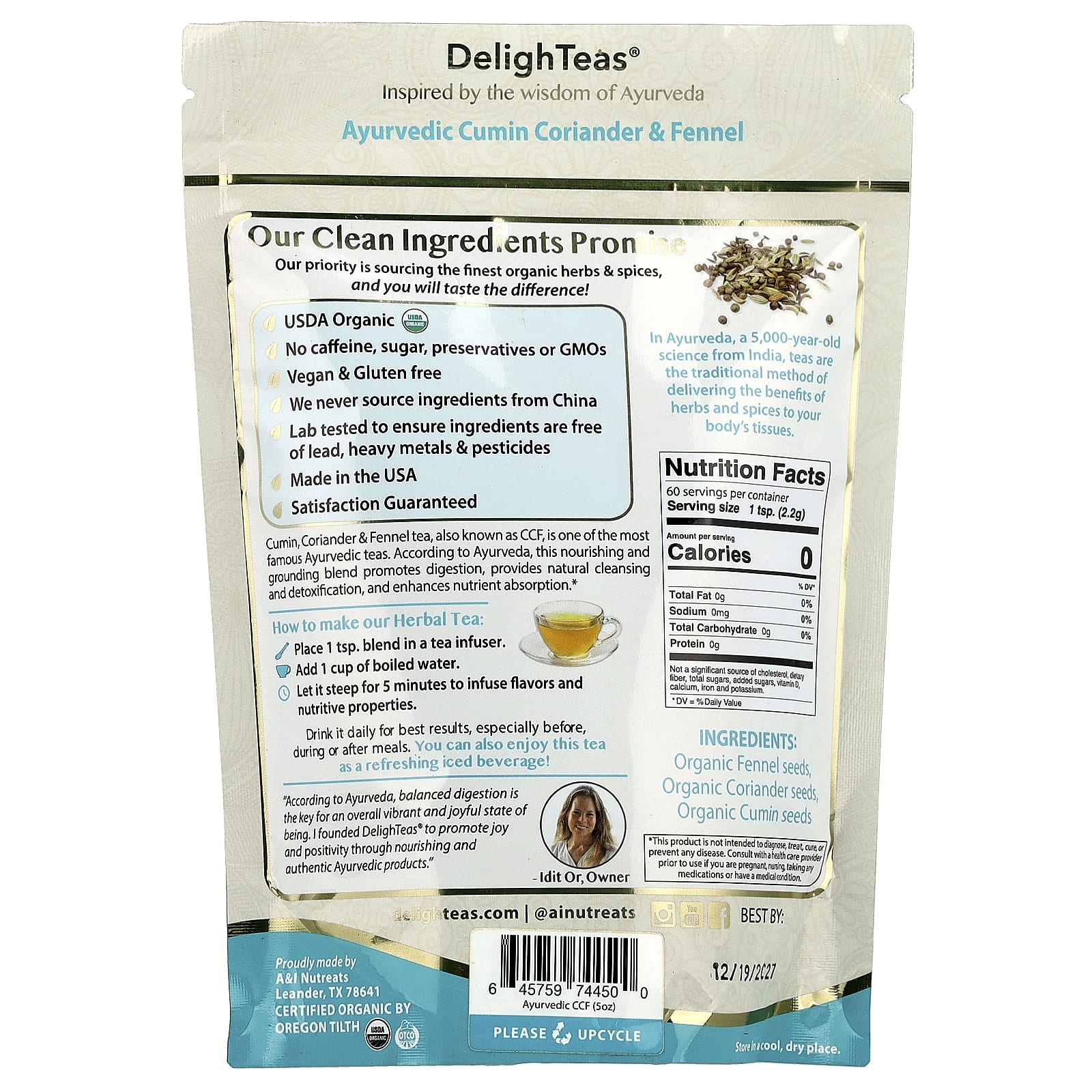 DelighTeas, Ayurvedic Cumin Coriander & Fennel, Herbal Detox Tea, Loose Blend, Caffeine Free, 5 oz (140 g)