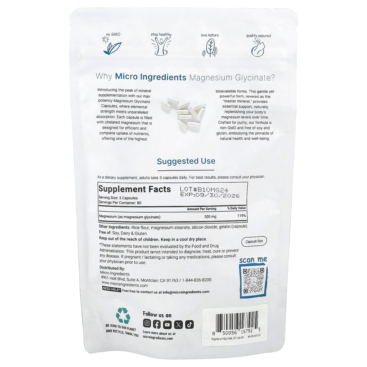 Micro Ingredients, Magnesium Glycinate, 240 Capsules (166 mg per Capsule) - Image 2