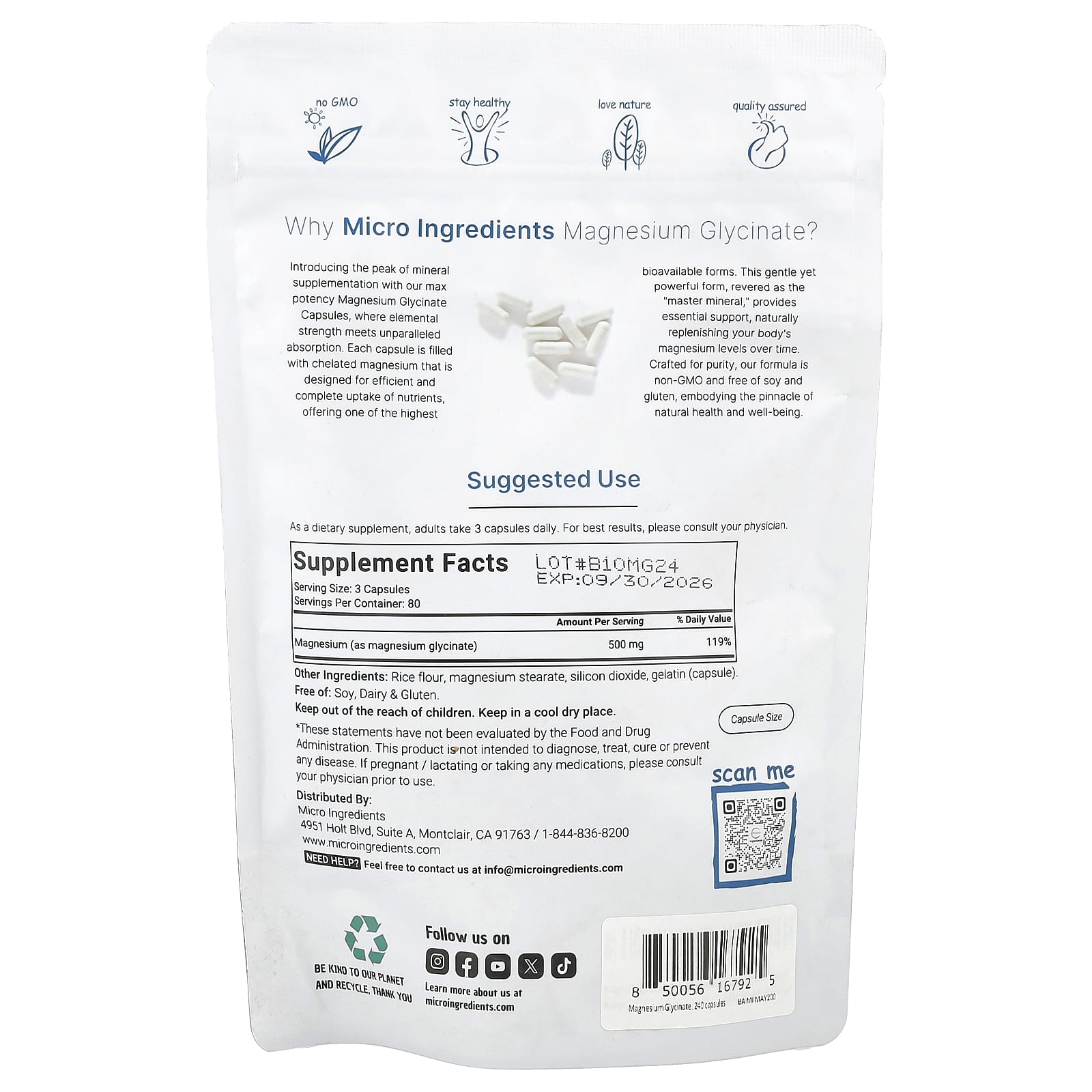 Micro Ingredients, Magnesium Glycinate, 240 Capsules (166 mg per Capsule) - Image 2