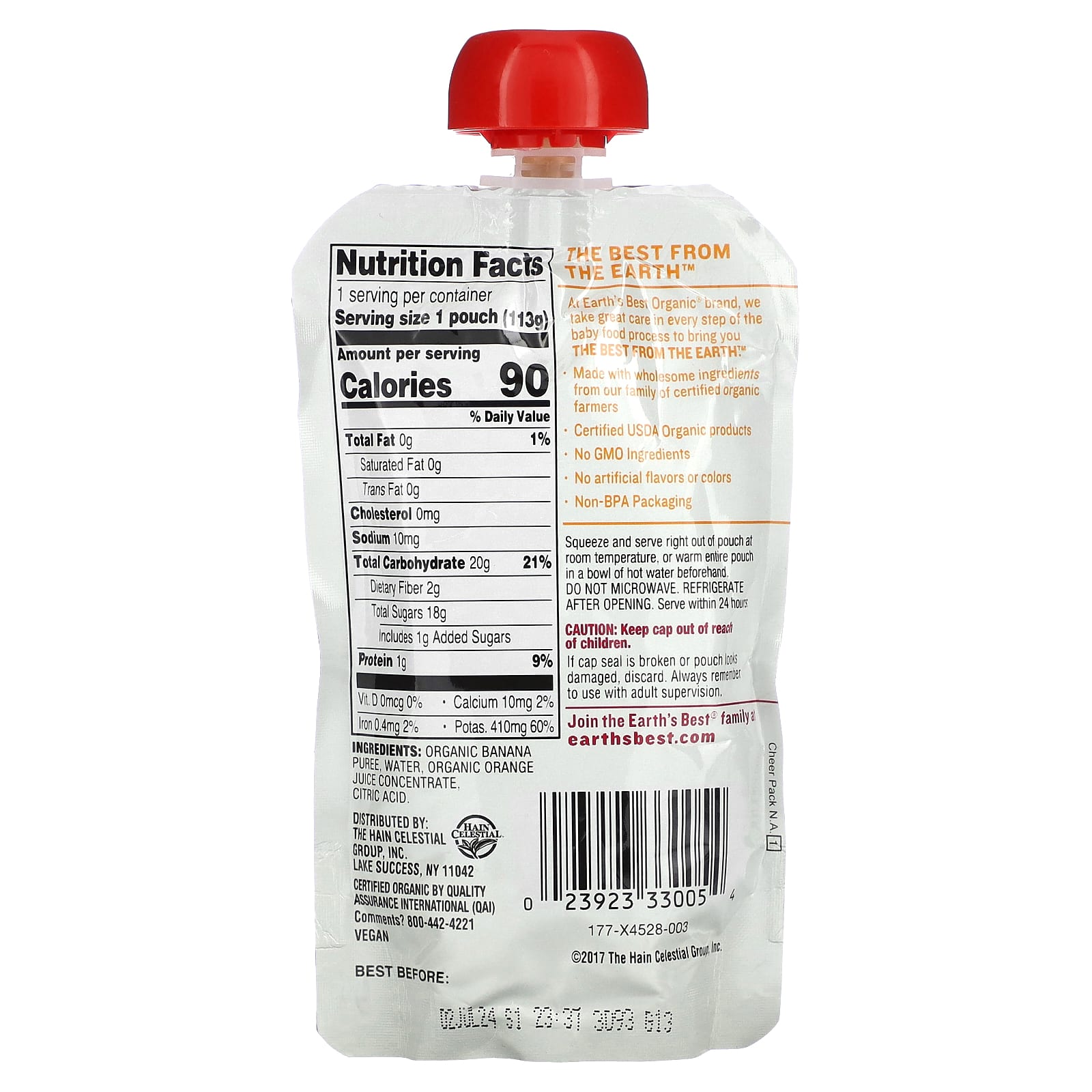 Organic Baby Food - Earth's Best Orange Banana Puree, 6+ Months, 4 oz (113g) - Image 2