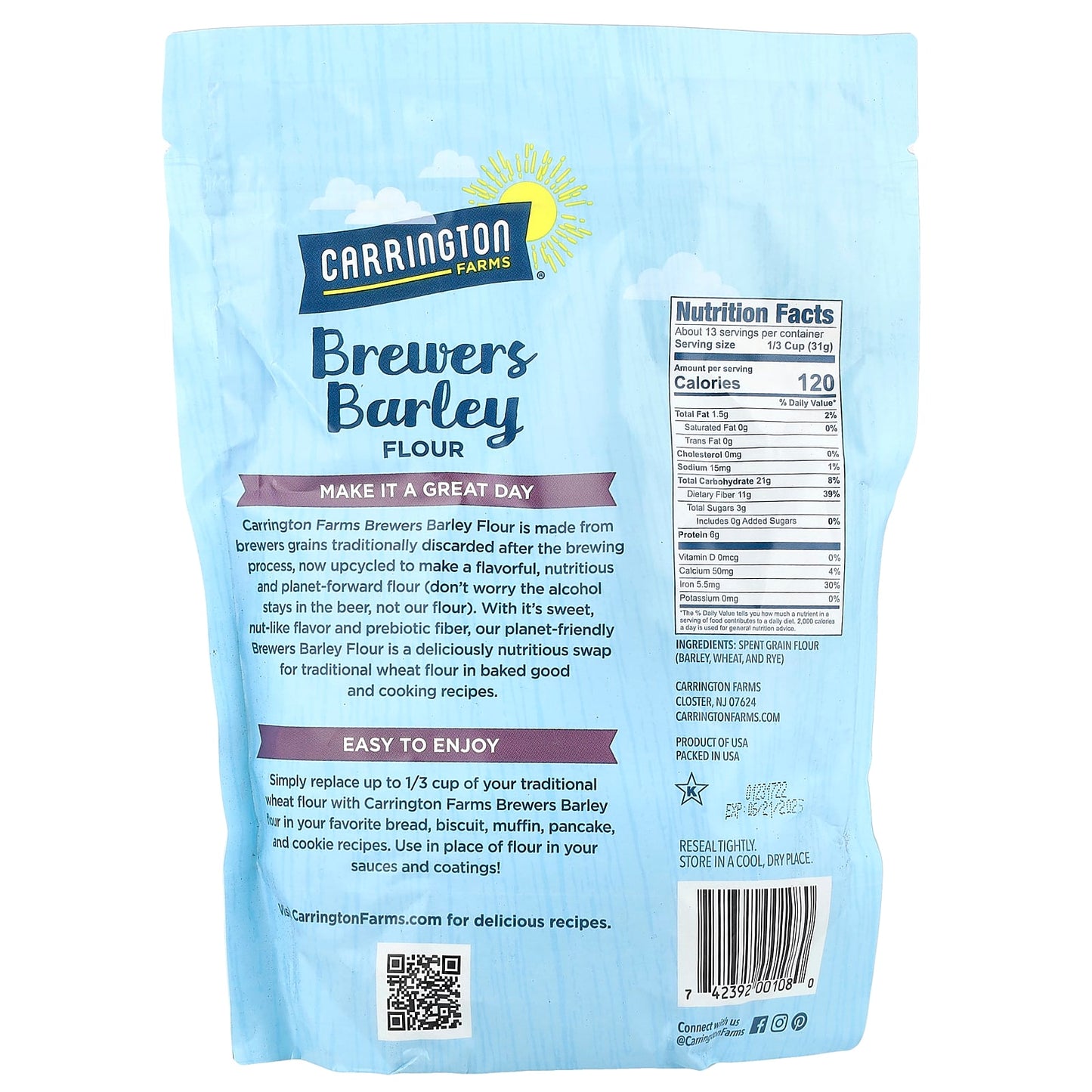 Brewers Barley Flour | High Fiber, Low Sugar, Kosher - Carrington Farms - Image 2