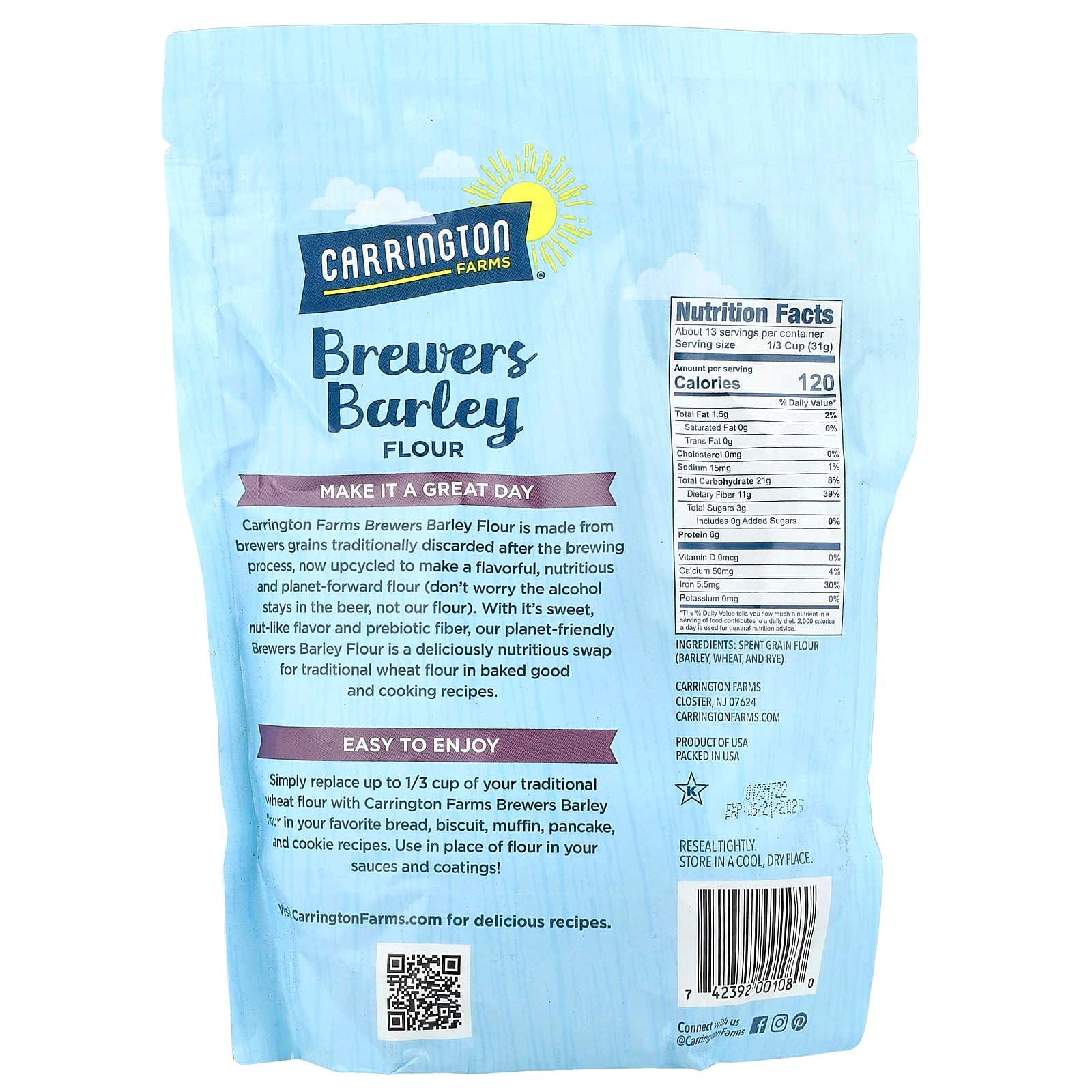 Brewers Barley Flour | High Fiber, Low Sugar, Kosher - Carrington Farms - Image 2