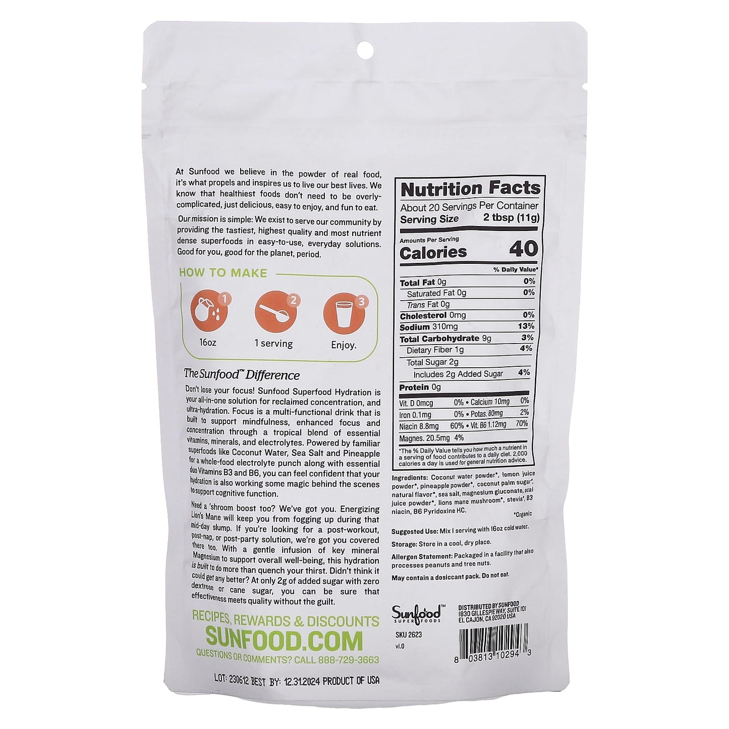 Sunfood, Superfood Hydration Focus, Pineapple Acai, 8 oz (227 g) - Image 2