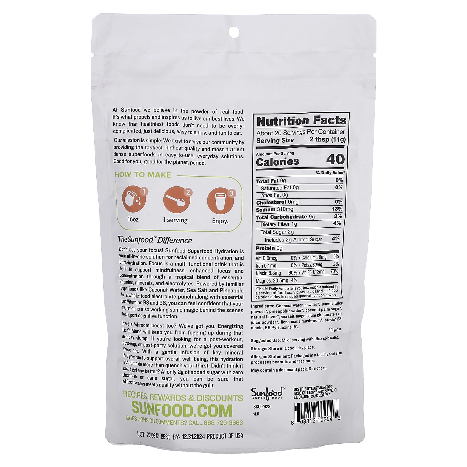Sunfood, Superfood Hydration Focus, Pineapple Acai, 8 oz (227 g) - Image 2