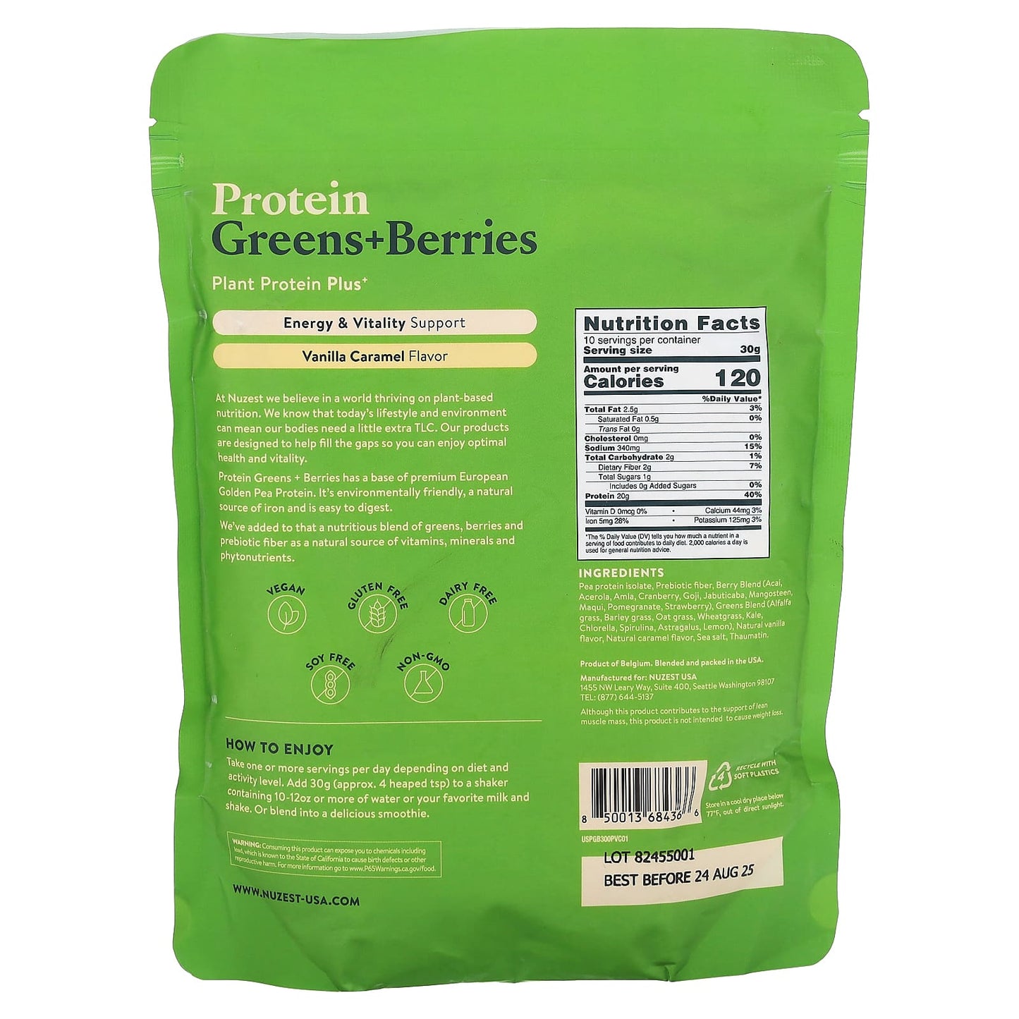 Nuzest, Protein Greens + Berries, Vanilla Caramel, 10.6 oz (300 g) - Image 2