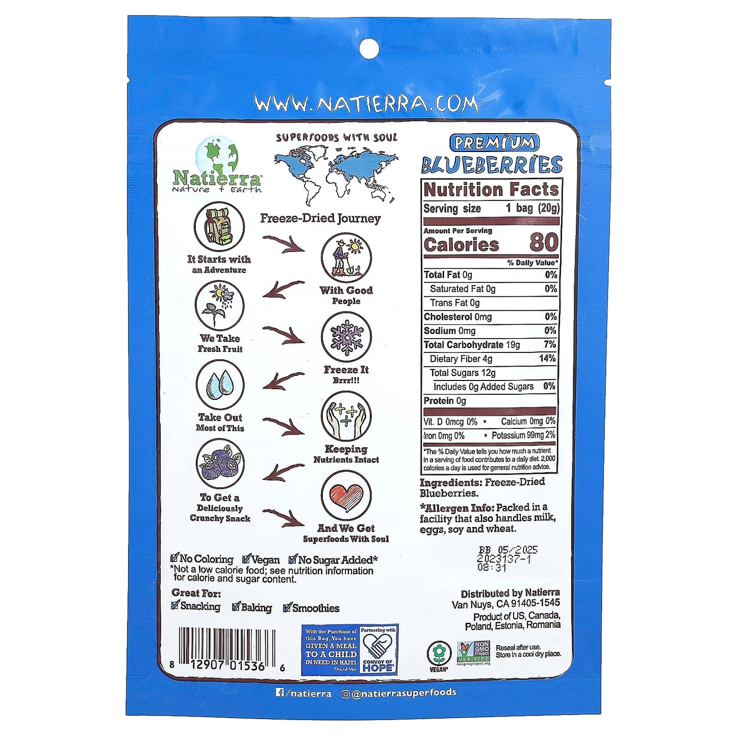Natierra, Premium Freeze-Dried Blueberries, 0.7 oz (20 g) - Image 2