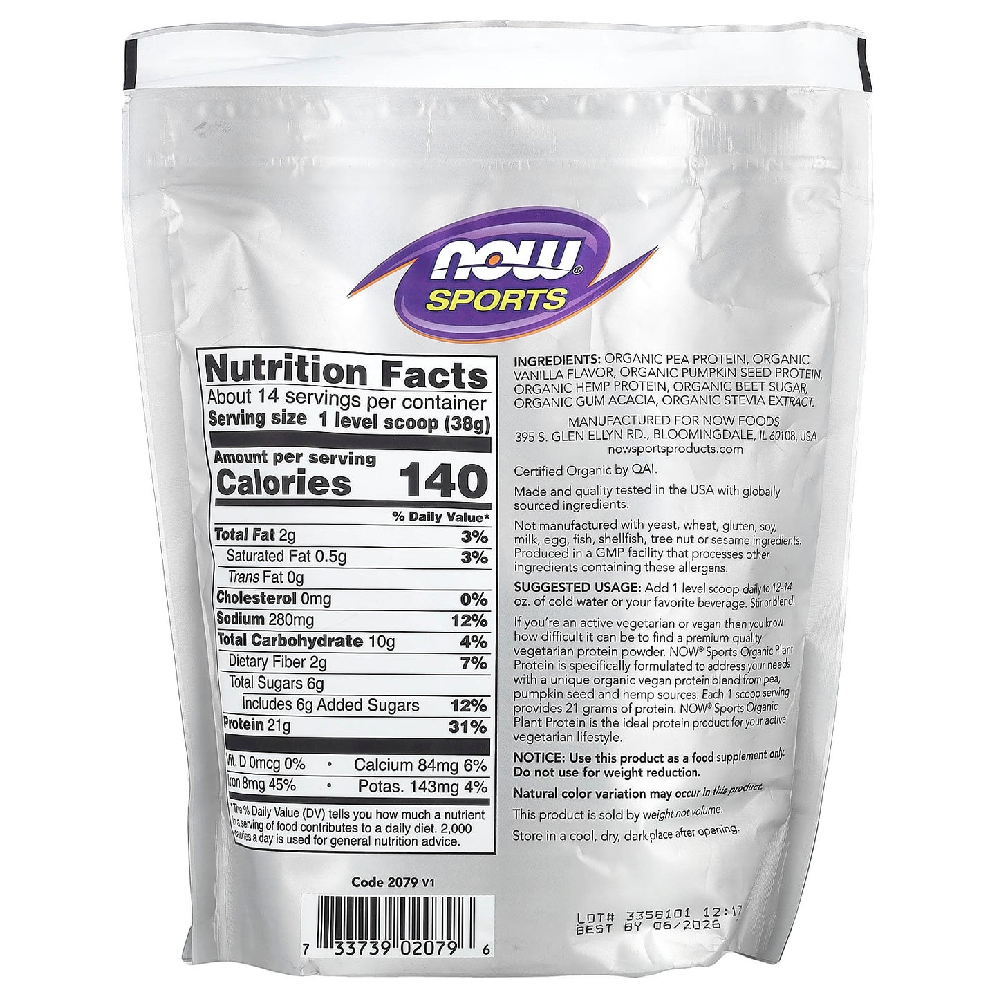 NOW Foods, Sports, Organic Plant Protein Powder, Creamy Vanilla, 1.2 lbs (544 g) - Image 2