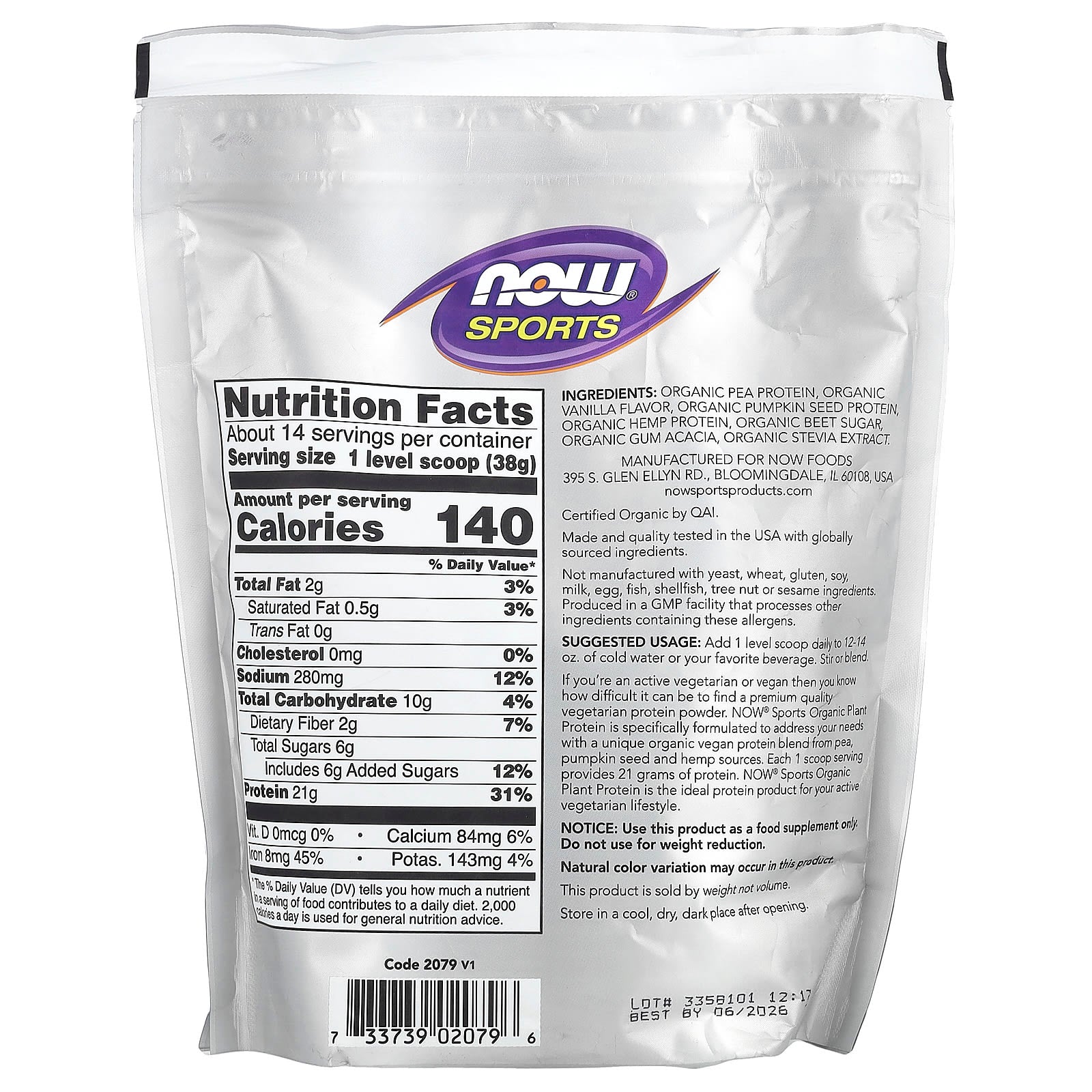 NOW Foods, Sports, Organic Plant Protein Powder, Creamy Vanilla, 1.2 lbs (544 g) - Image 2