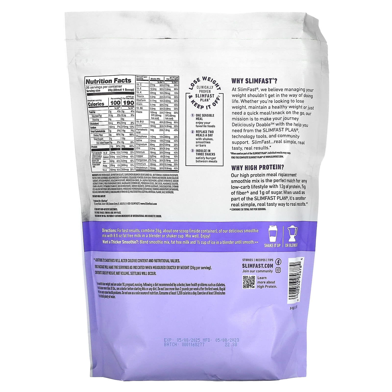 SlimFast, High Protein, Meal Replacement Smoothie Mix, Creamy Chocolate, 1.49 lb (676 g) - Image 2