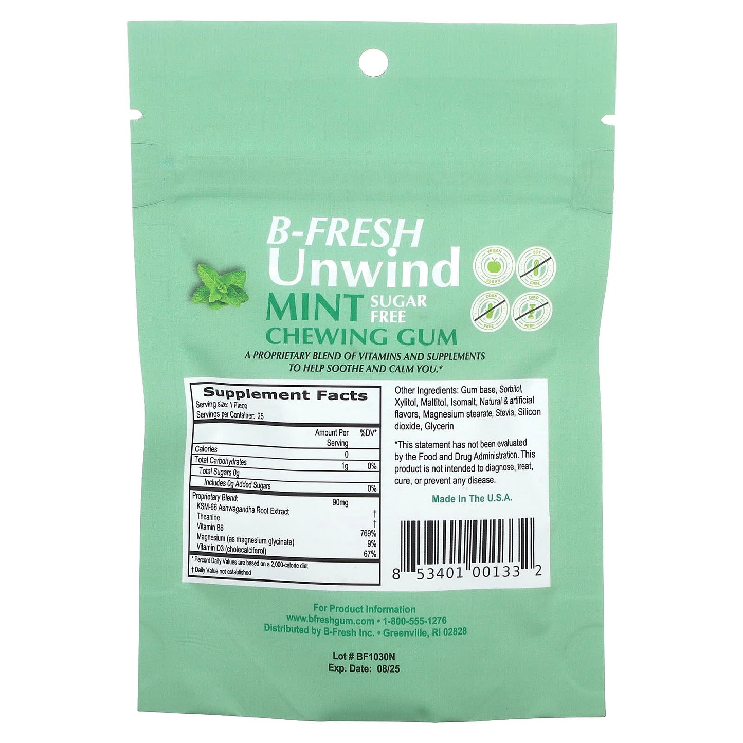 B-Fresh Unwind Sugar-Free Mint Chewing Gum - 25 Pieces (50g) - Image 2