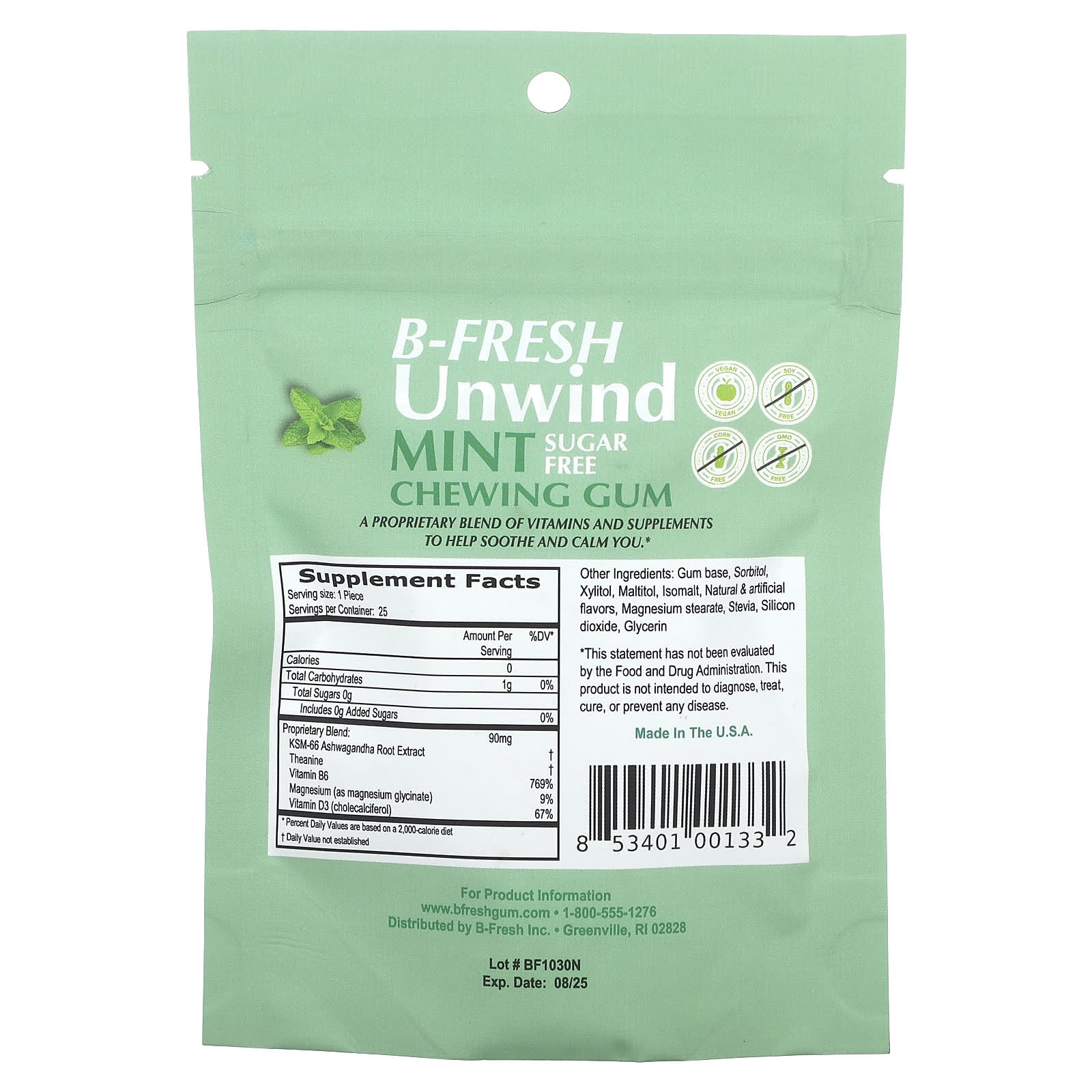 B-Fresh Unwind Sugar-Free Mint Chewing Gum - 25 Pieces (50g) - Image 2