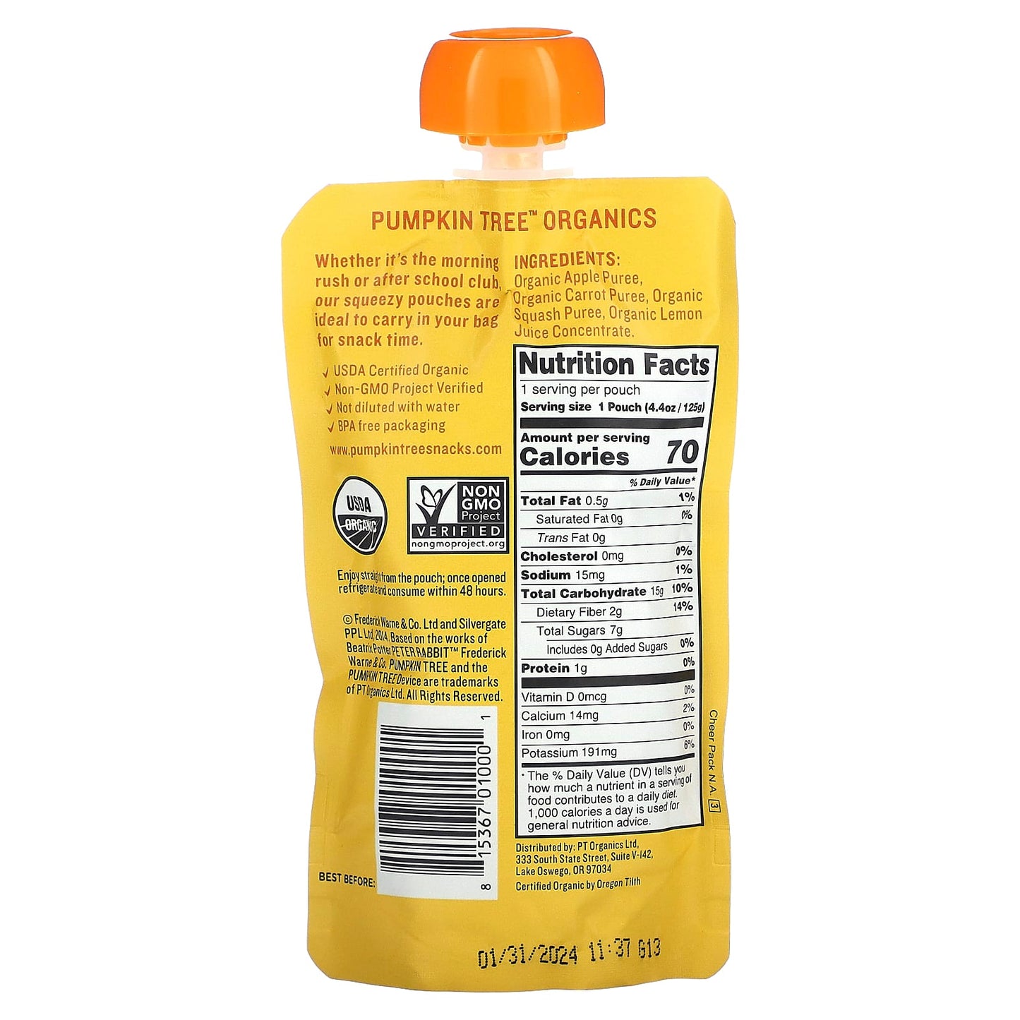 Pumpkin Tree Organics, Peter Rabbit Organics, Organic Fruit & Vegetable Puree, Apple, Carrot & Squash, 4.4 oz (125 g) - Image 2