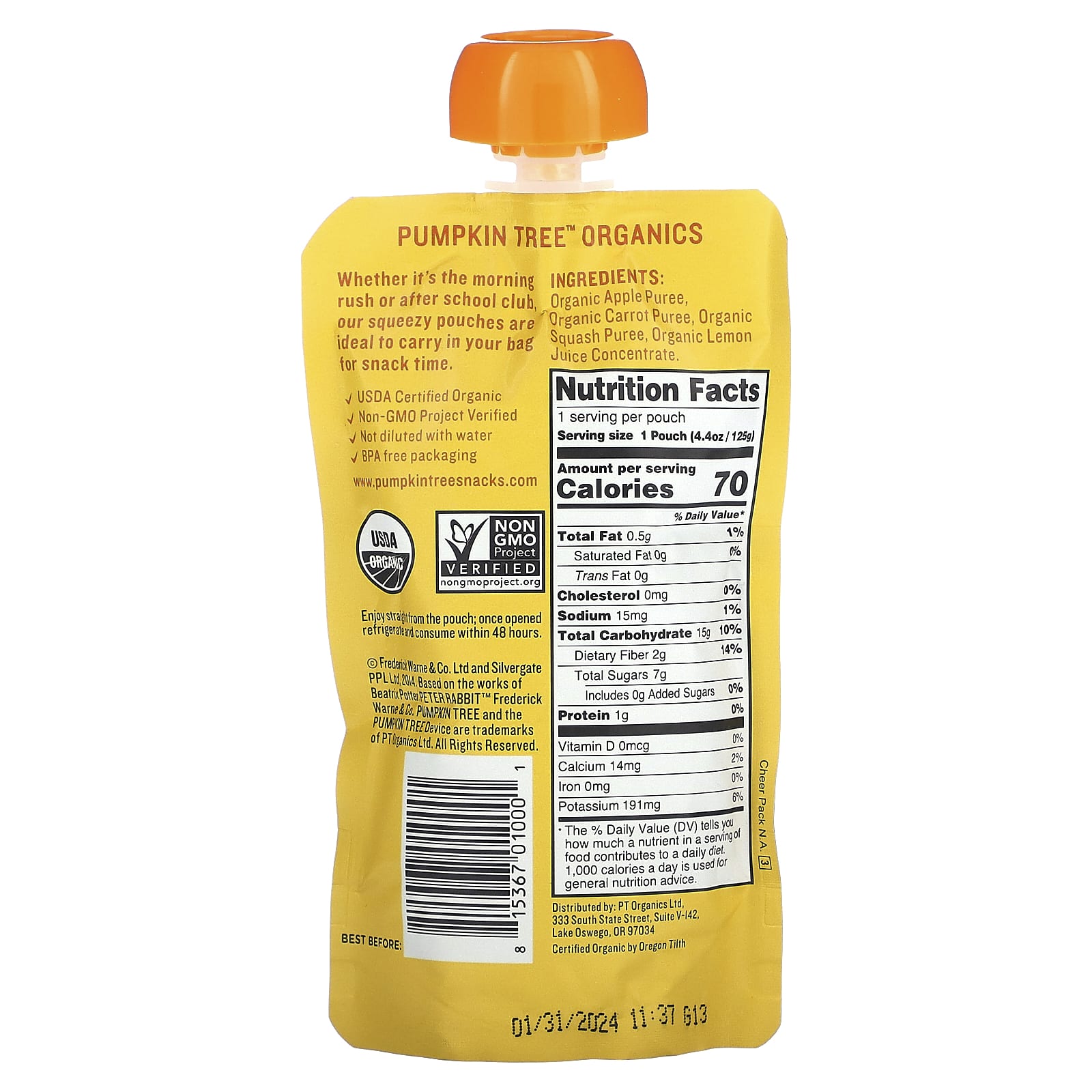 Pumpkin Tree Organics, Peter Rabbit Organics, Organic Fruit & Vegetable Puree, Apple, Carrot & Squash, 4.4 oz (125 g) - Image 2