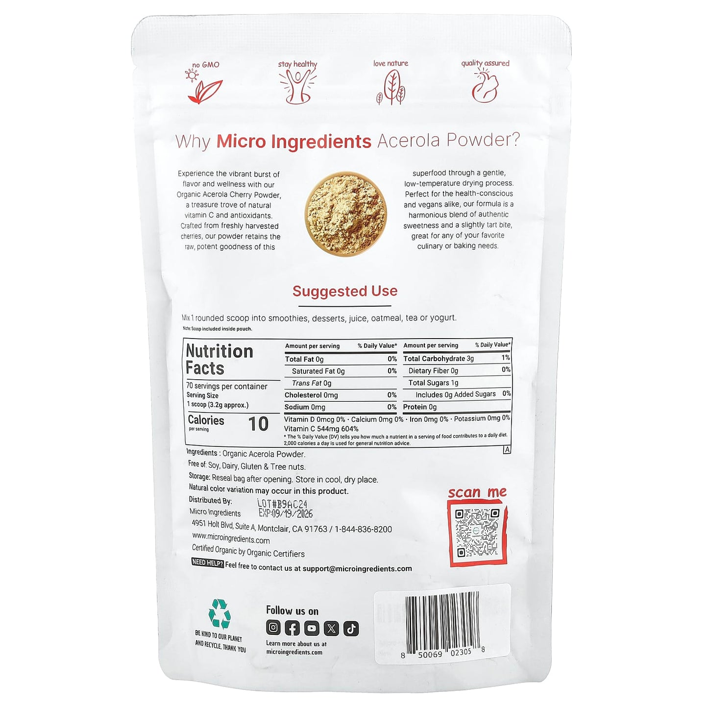 Micro Ingredients, Organic Acerola Powder, 8 oz (227 g) - Image 2