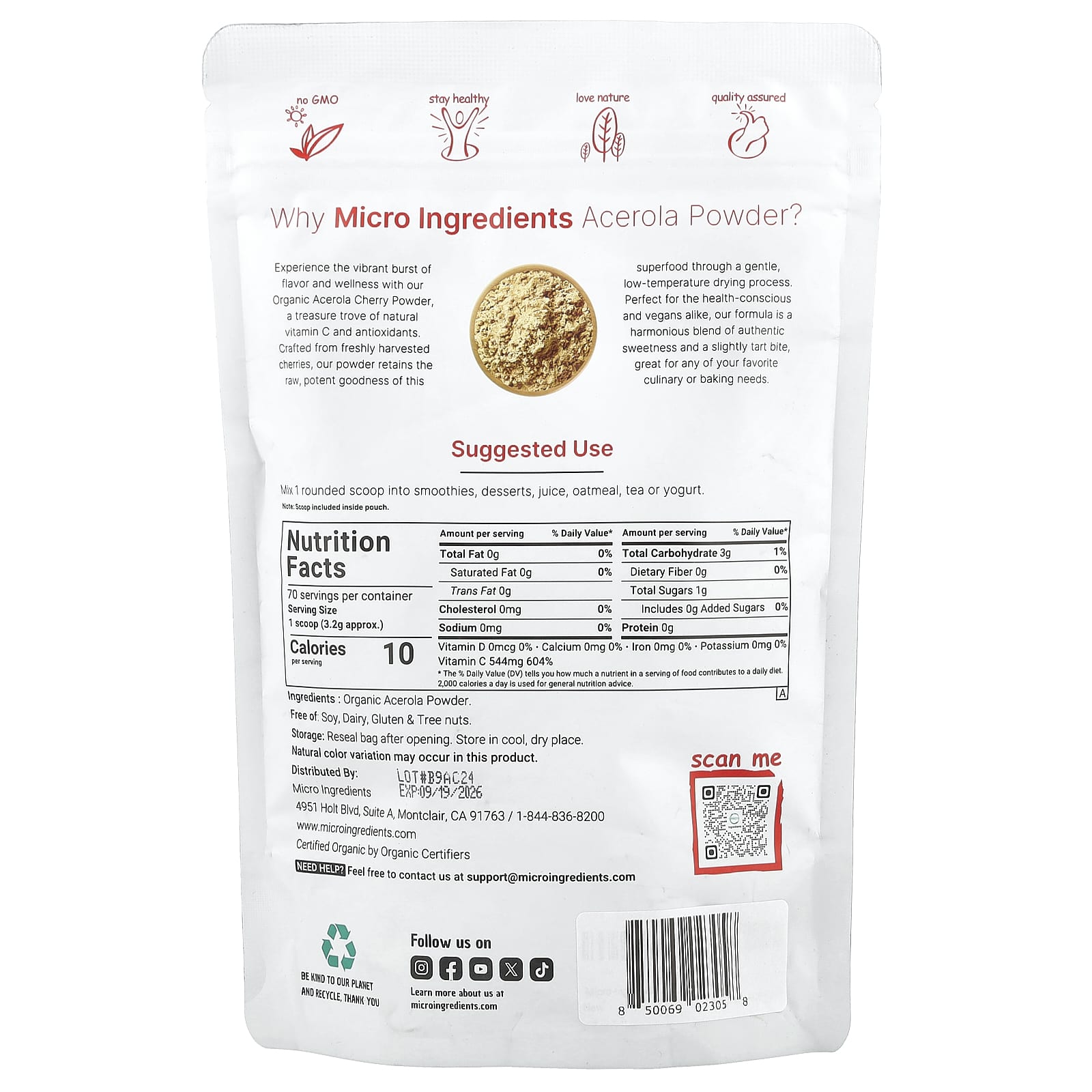 Micro Ingredients, Organic Acerola Powder, 8 oz (227 g) - Image 2