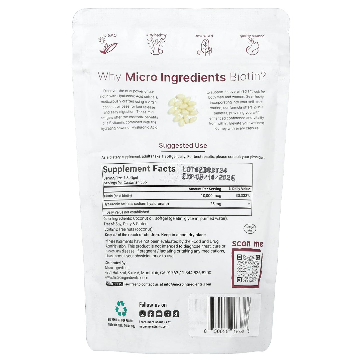 Micro Ingredients, Biotin with Hyaluronic Acid, 365 Softgels - Image 2
