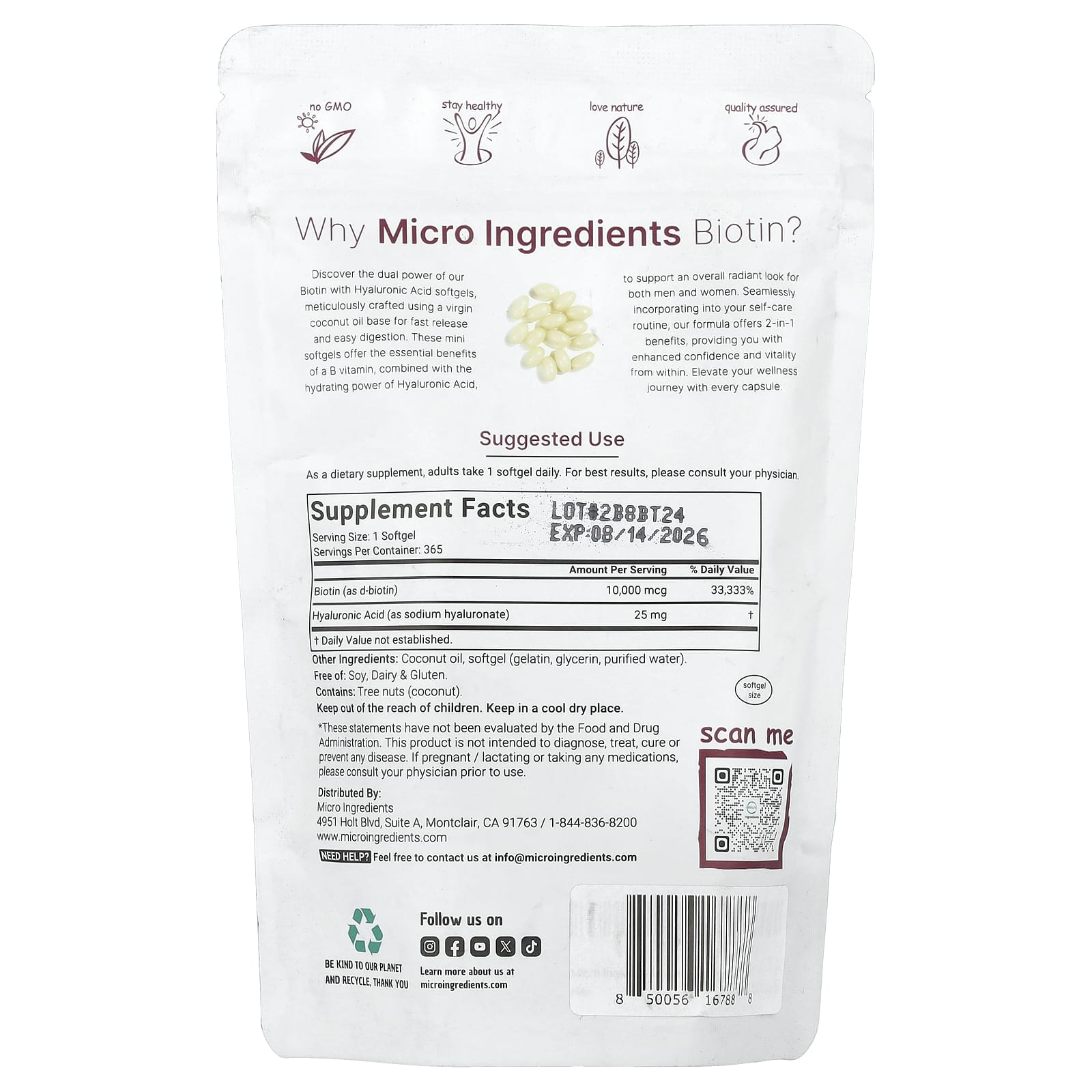 Micro Ingredients, Biotin with Hyaluronic Acid, 365 Softgels - Image 2