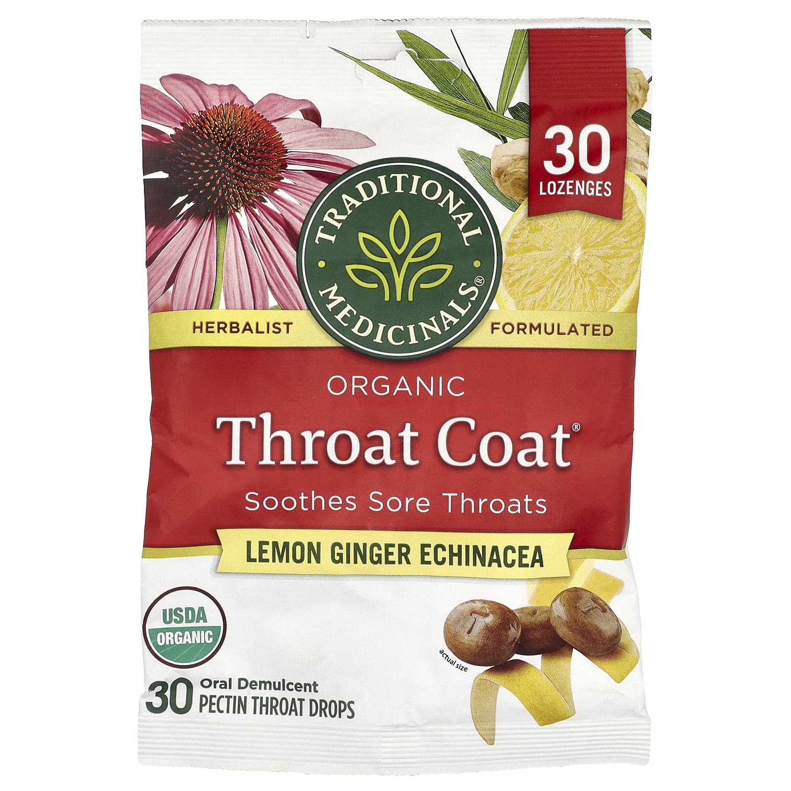 Traditional Medicinals, Organic Throat Coat® Drops, Lemon Ginger Echinacea, 30 Pectin Throat Drops - Image 1