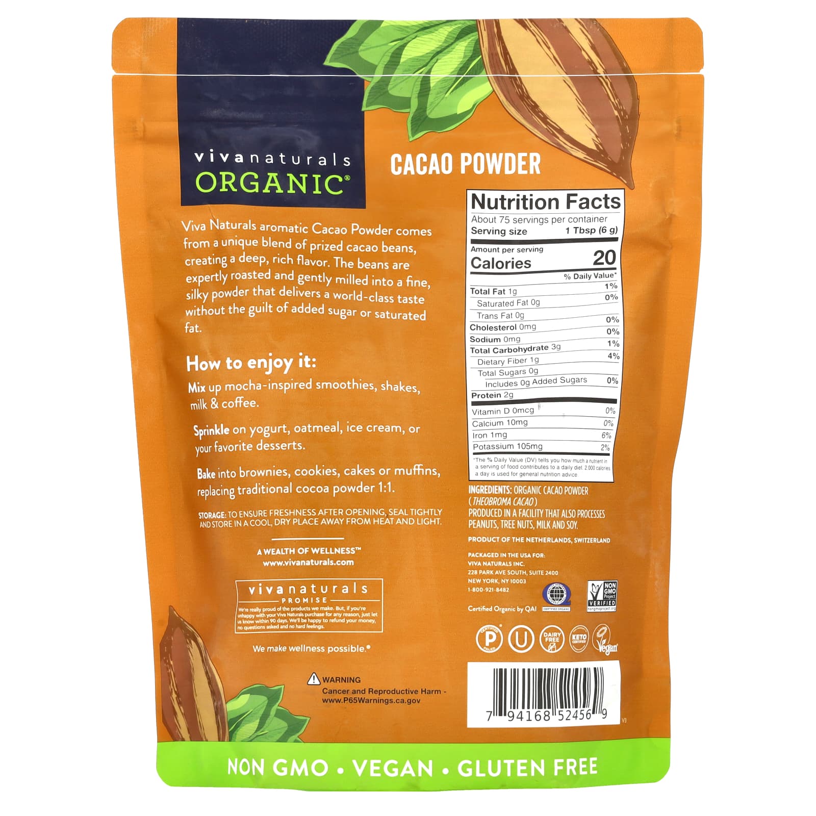 Viva Naturals, Organic Cacao Powder, 1 lb (454 g) - Image 2